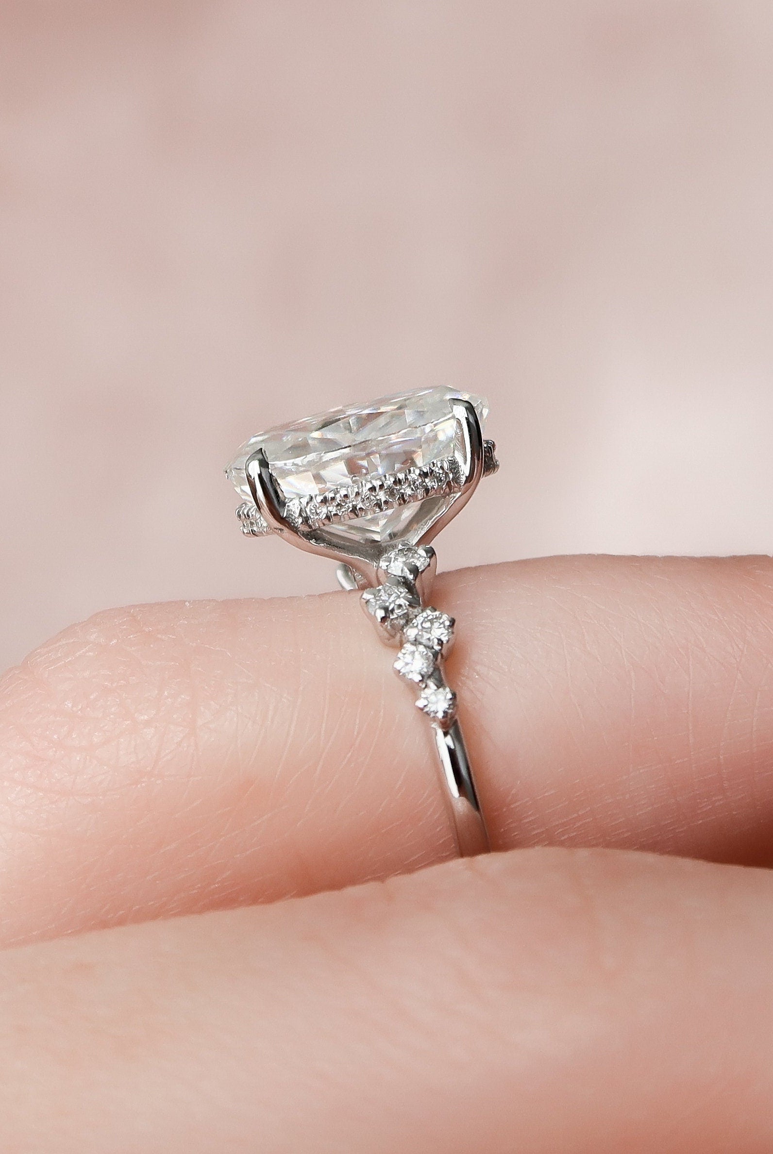 3.0CT Oval Hidden Halo Moissanite Diamond Zig Zag Pave Engagement Ring