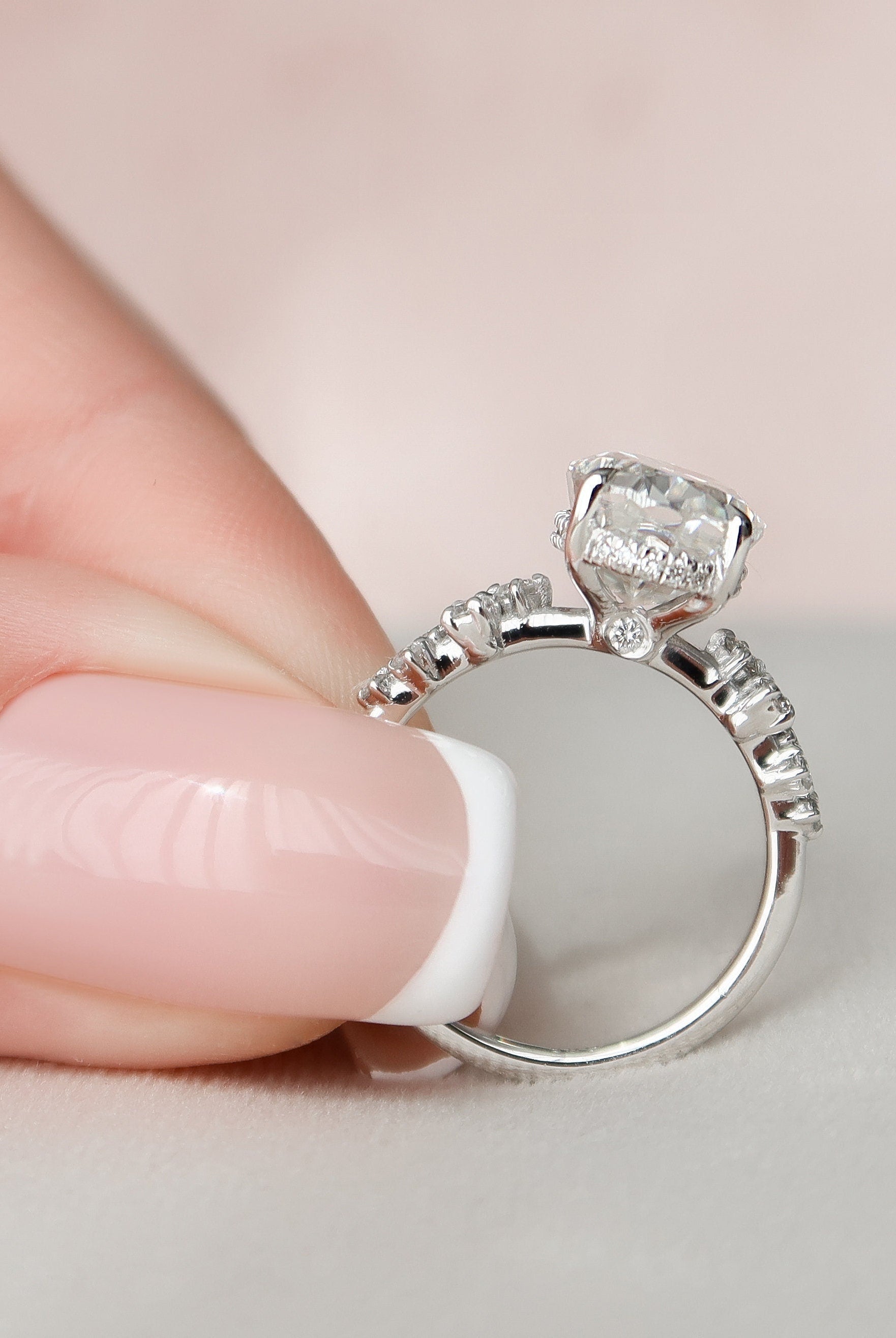 3.0CT Oval Hidden Halo Moissanite Diamond Zig Zag Pave Engagement Ring