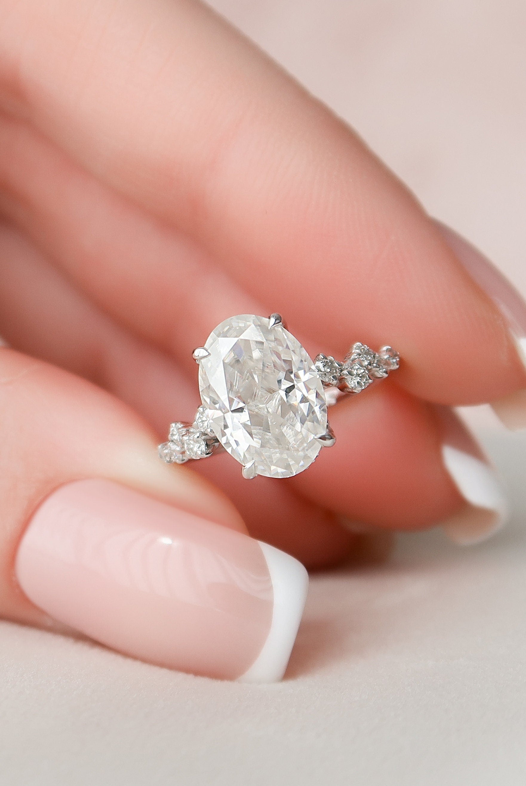 3.0CT Oval Hidden Halo Moissanite Diamond Zig Zag Pave Engagement Ring