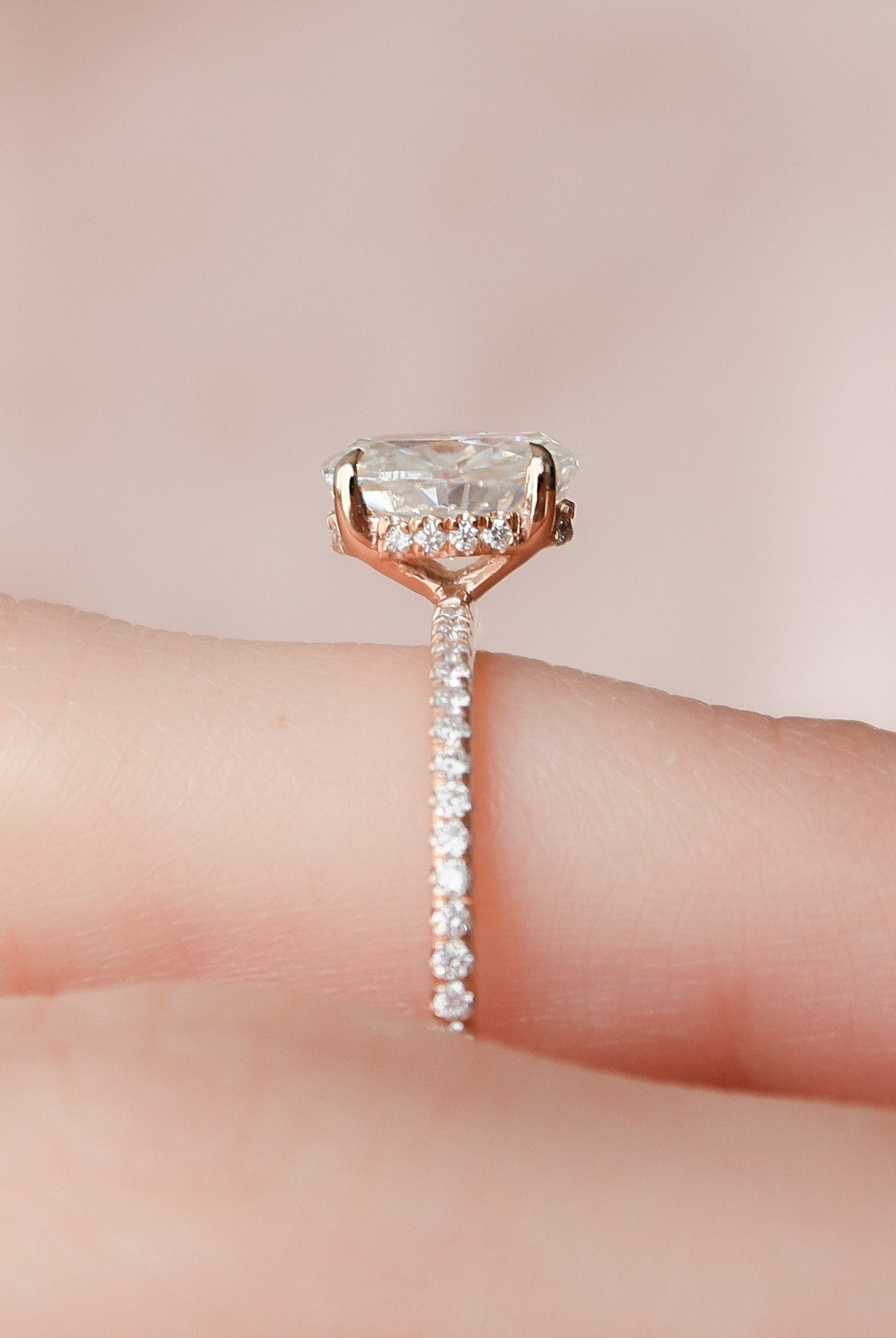 1.0CT Oval Pave Moissanite Diamond Hidden Halo Engagement Ring