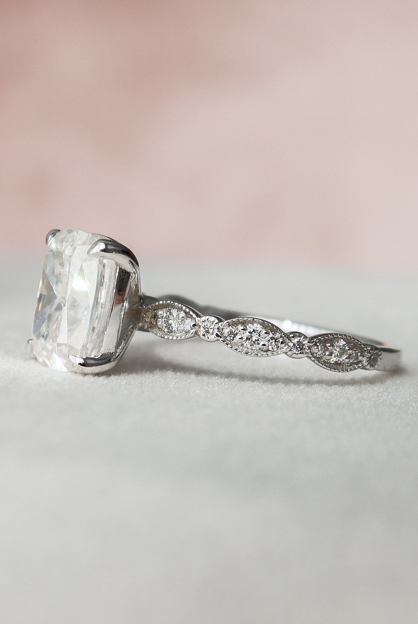 2.50CT Elongated Cushion Moissanite Diamond Vintage Pave Engagement Ring
