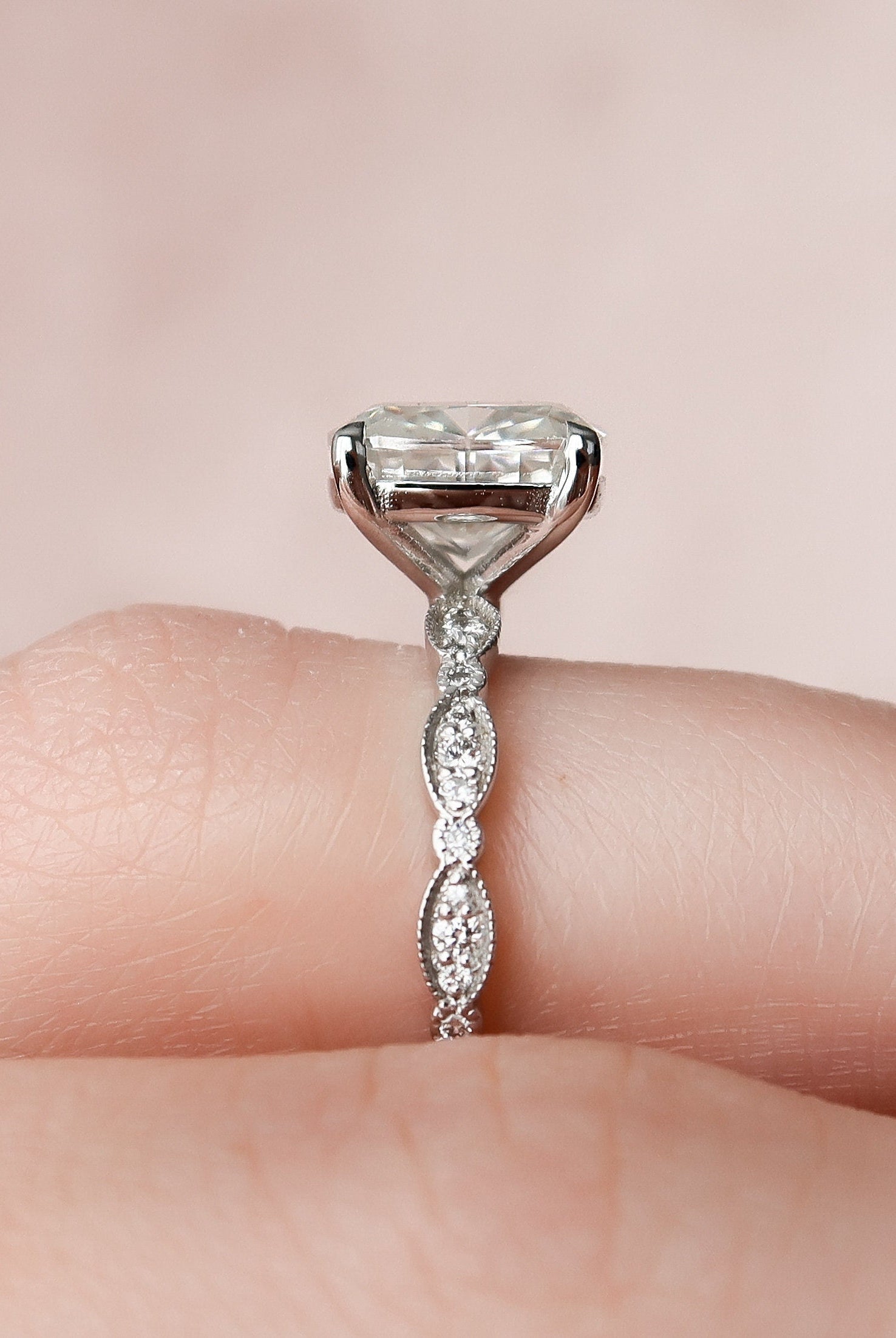 2.50CT Elongated Cushion Moissanite Diamond Vintage Pave Engagement Ring
