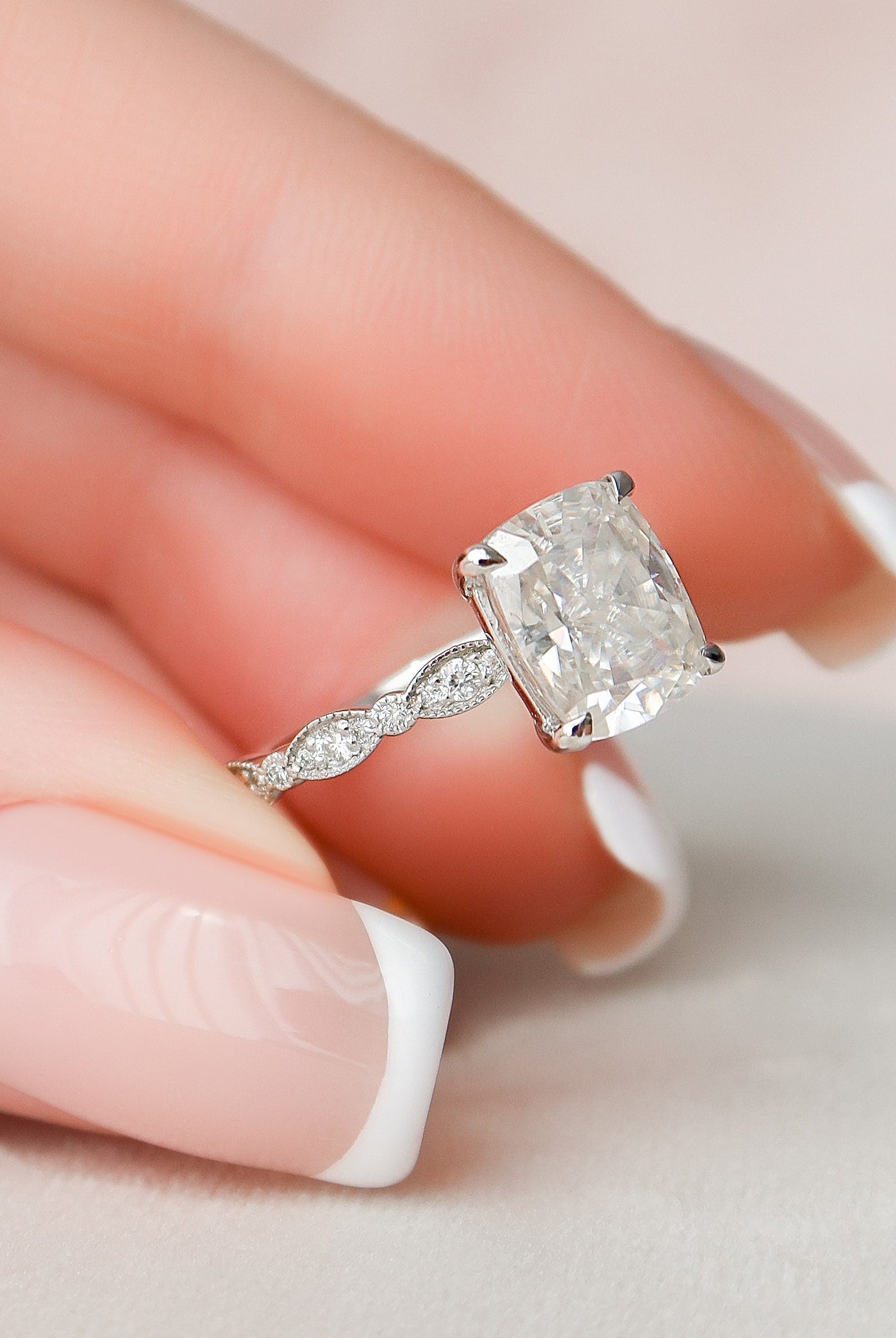 2.50CT Elongated Cushion Moissanite Diamond Vintage Pave Engagement Ring