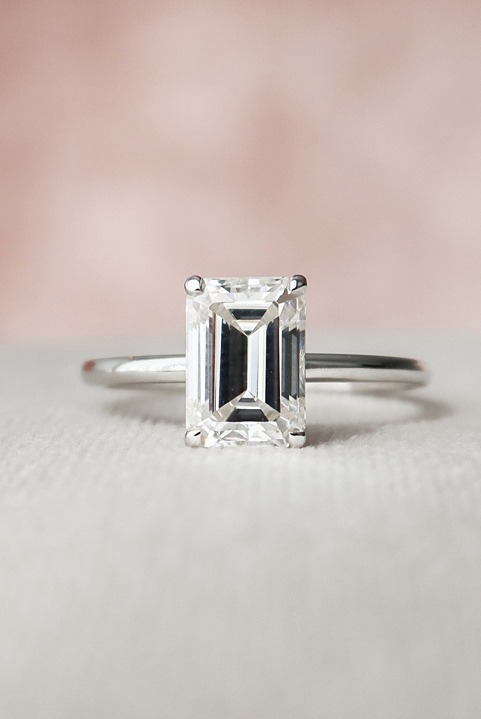 2.0CT Emerald Cut Hidden Halo Moissanite Diamond Four Prong Engagement Ring