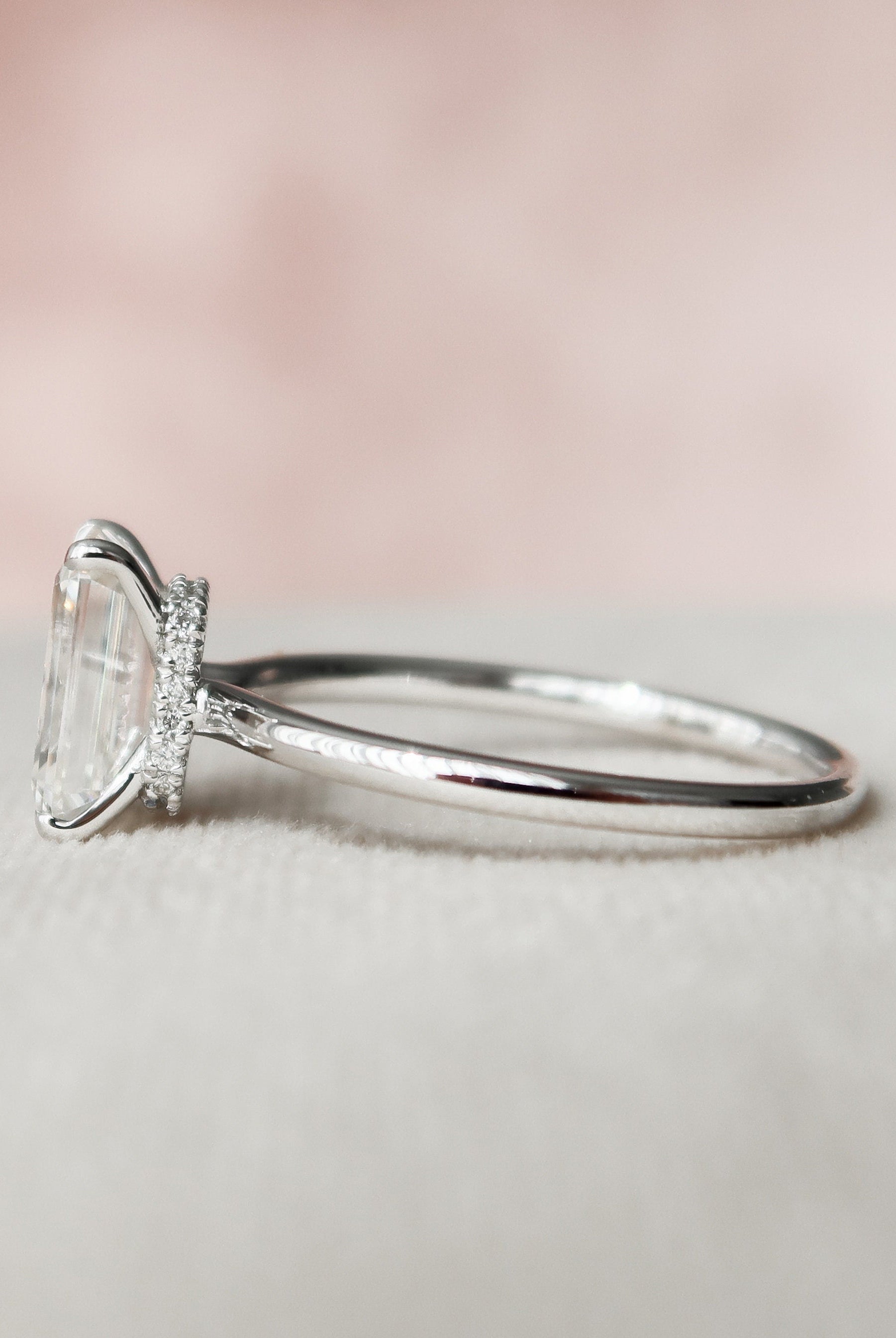 2.0CT Emerald Cut Hidden Halo Moissanite Diamond Four Prong Engagement Ring
