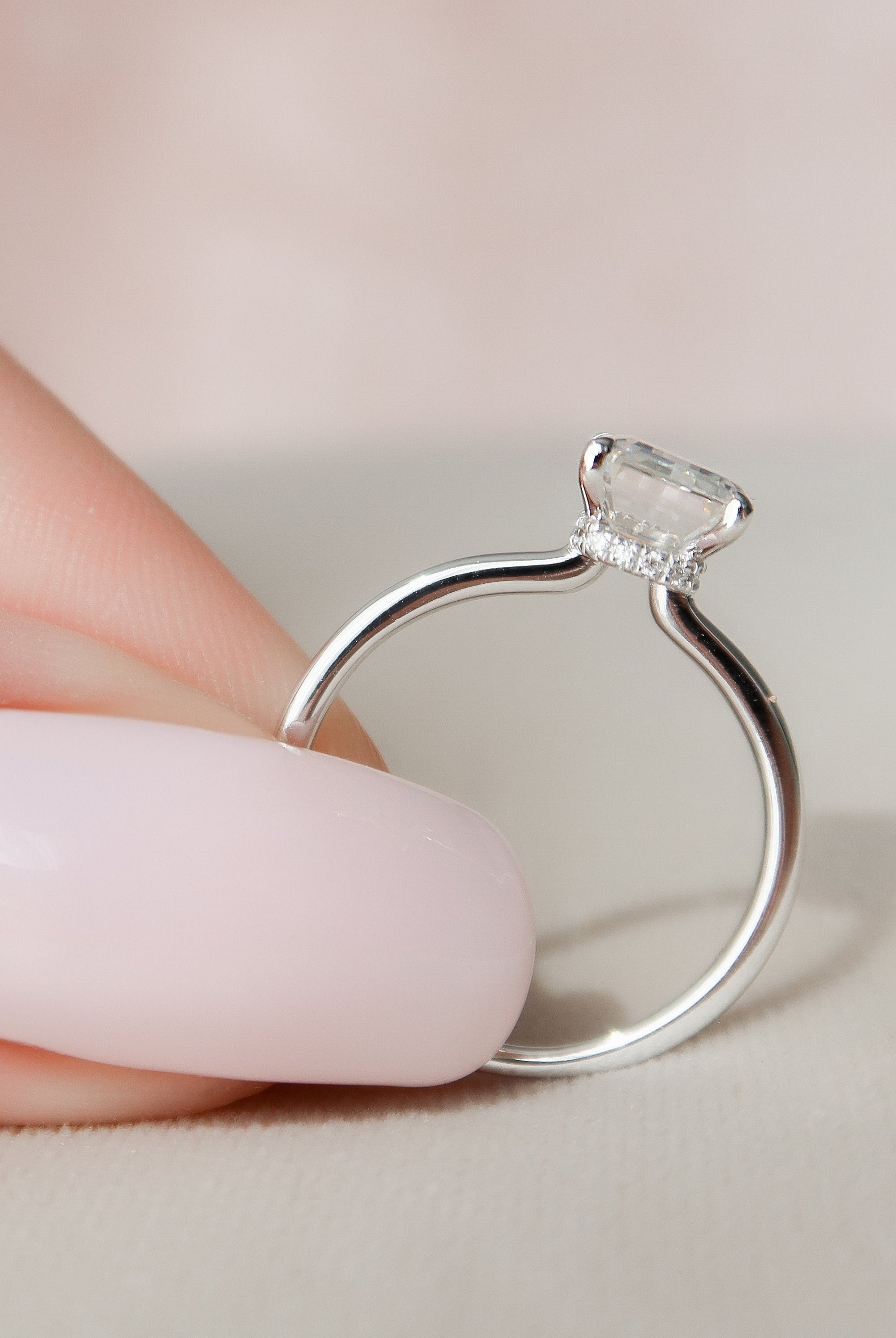 2.0CT Emerald Cut Hidden Halo Moissanite Diamond Four Prong Engagement Ring