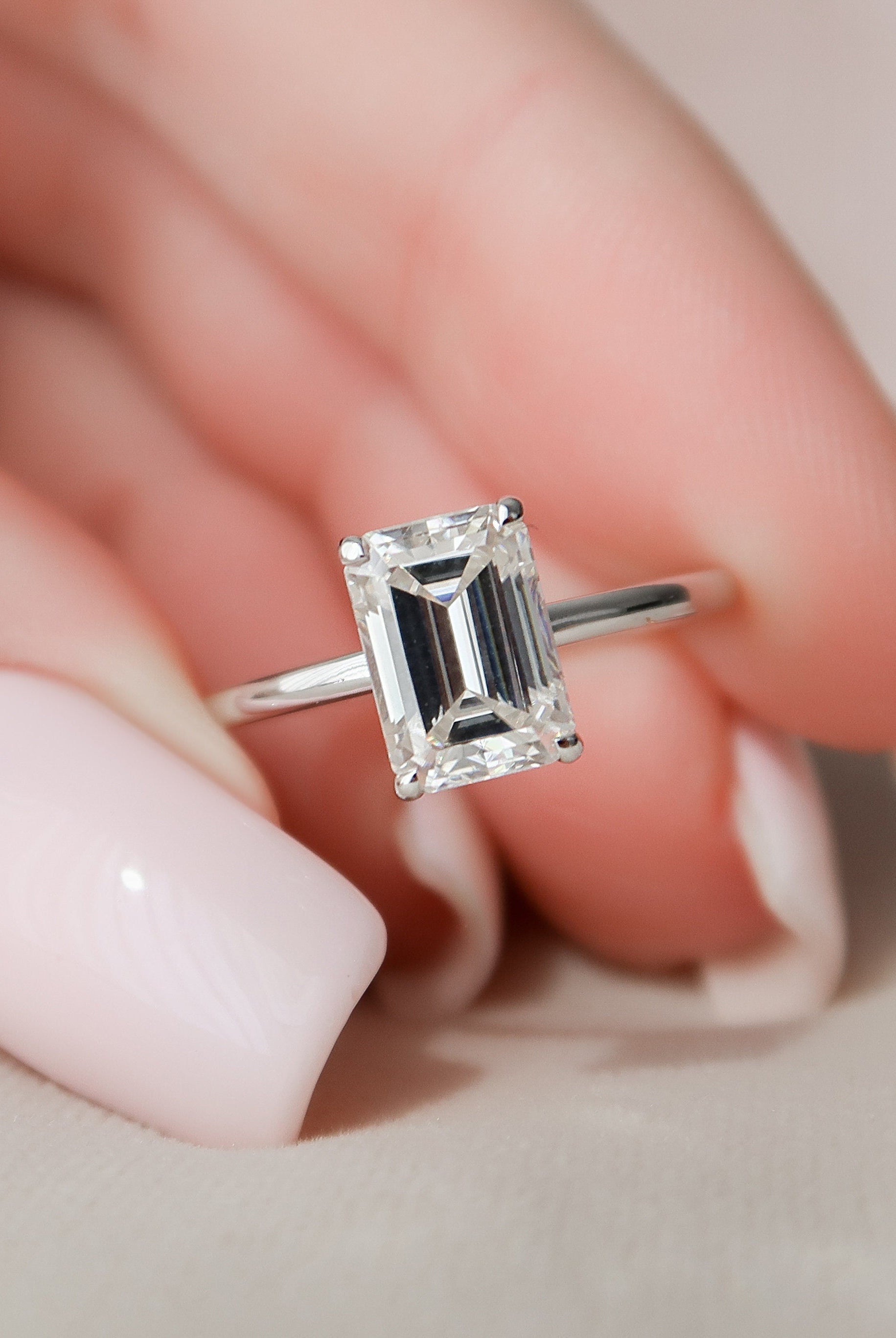 2.0CT Emerald Cut Hidden Halo Moissanite Diamond Four Prong Engagement Ring