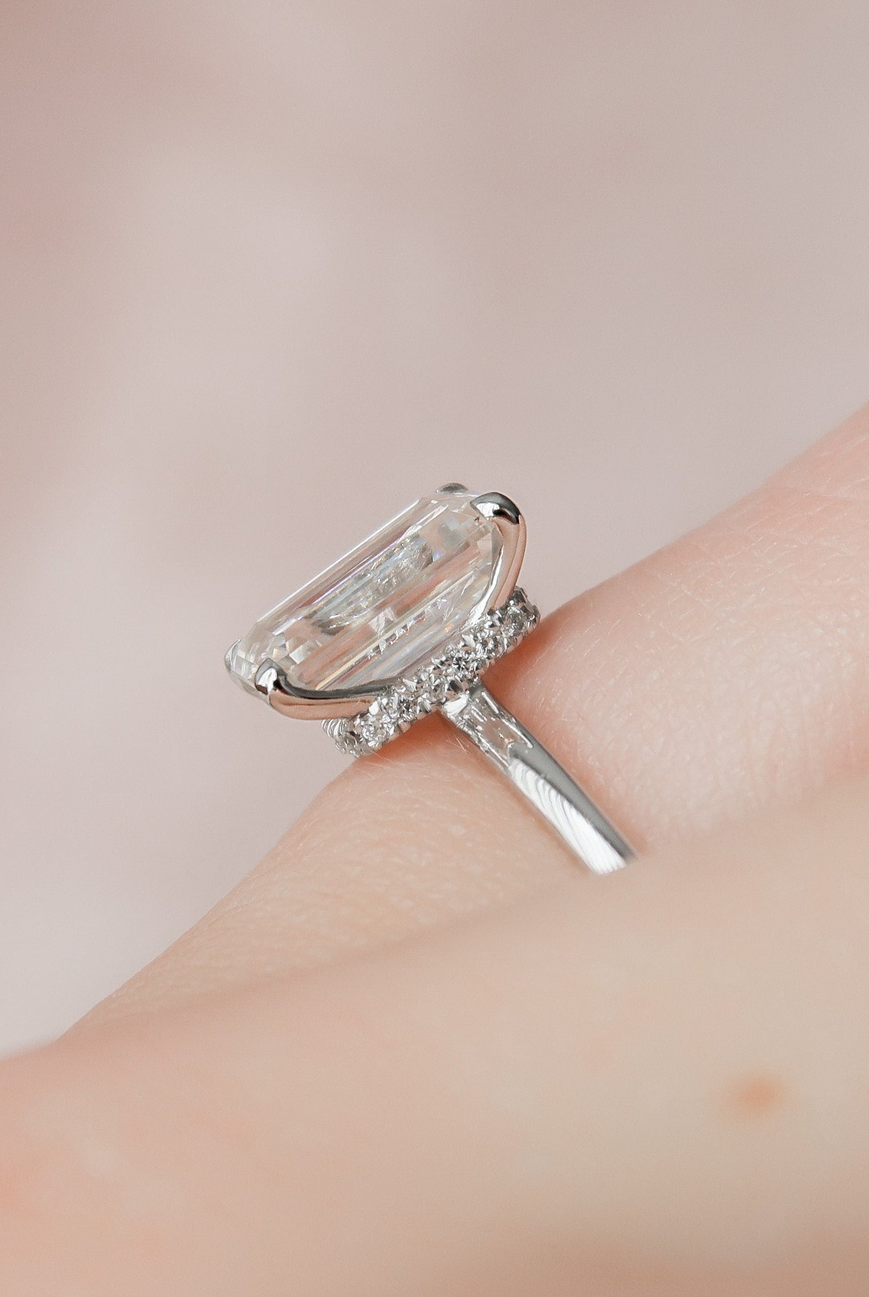2.0CT Emerald Cut Hidden Halo Moissanite Diamond Four Prong Engagement Ring
