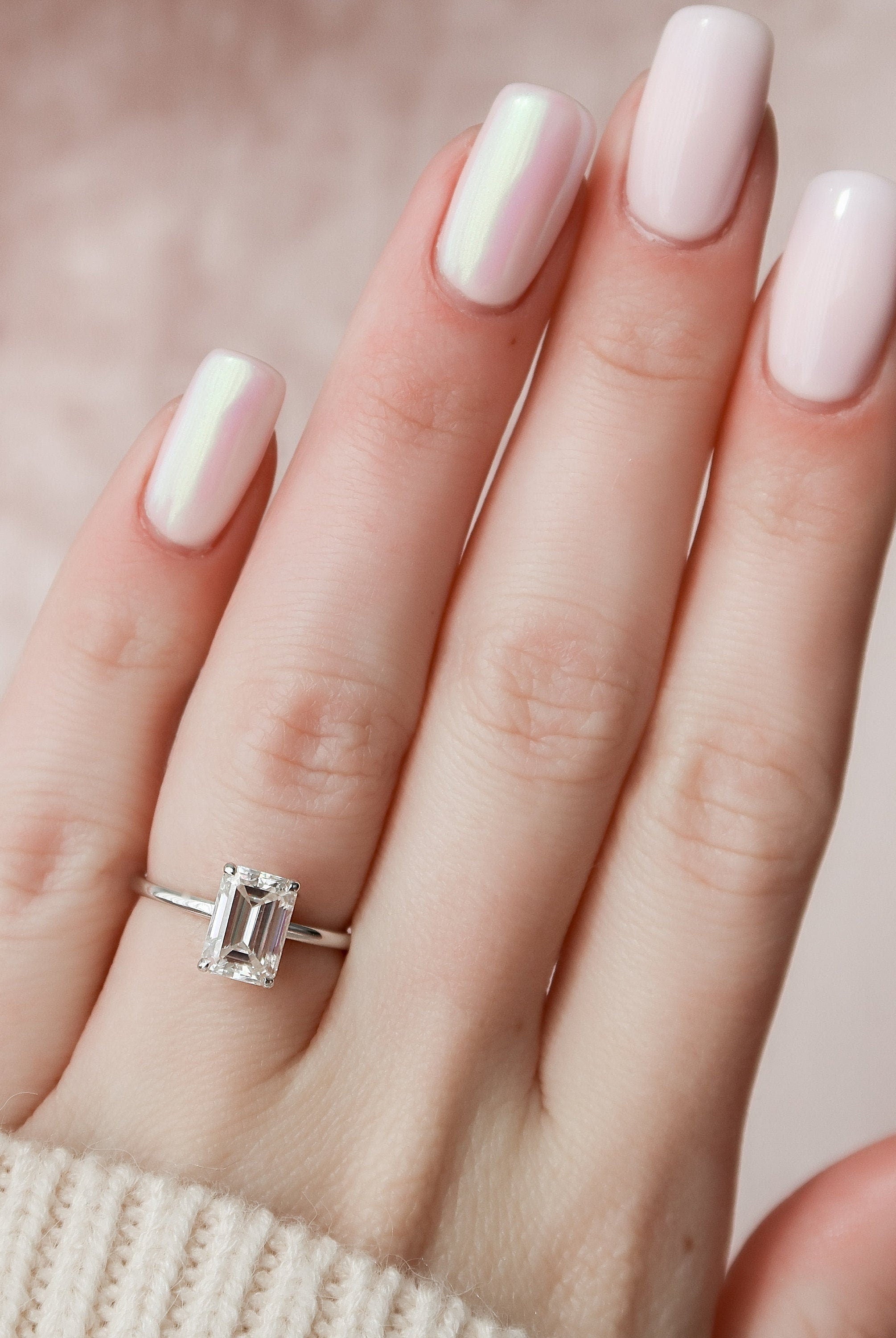 2.0CT Emerald Cut Hidden Halo Moissanite Diamond Four Prong Engagement Ring