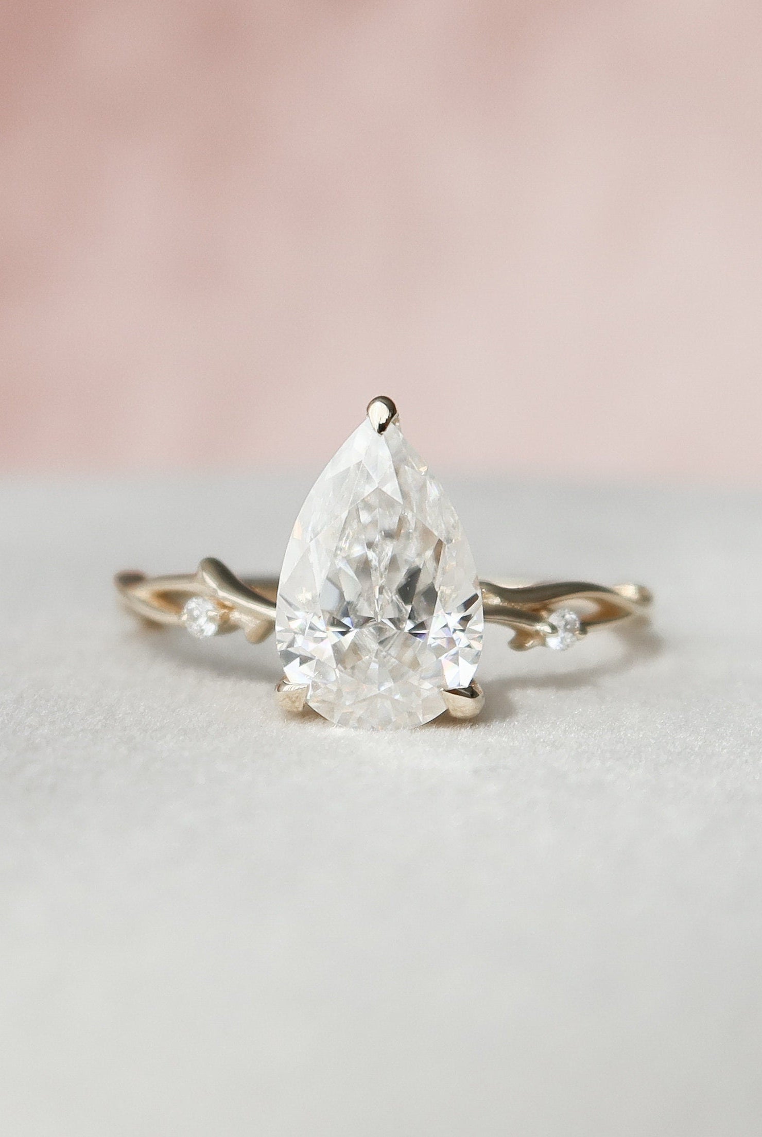 2.0CT Pear Twig Moissanite Diamond Engagement Ring In Solid Gold