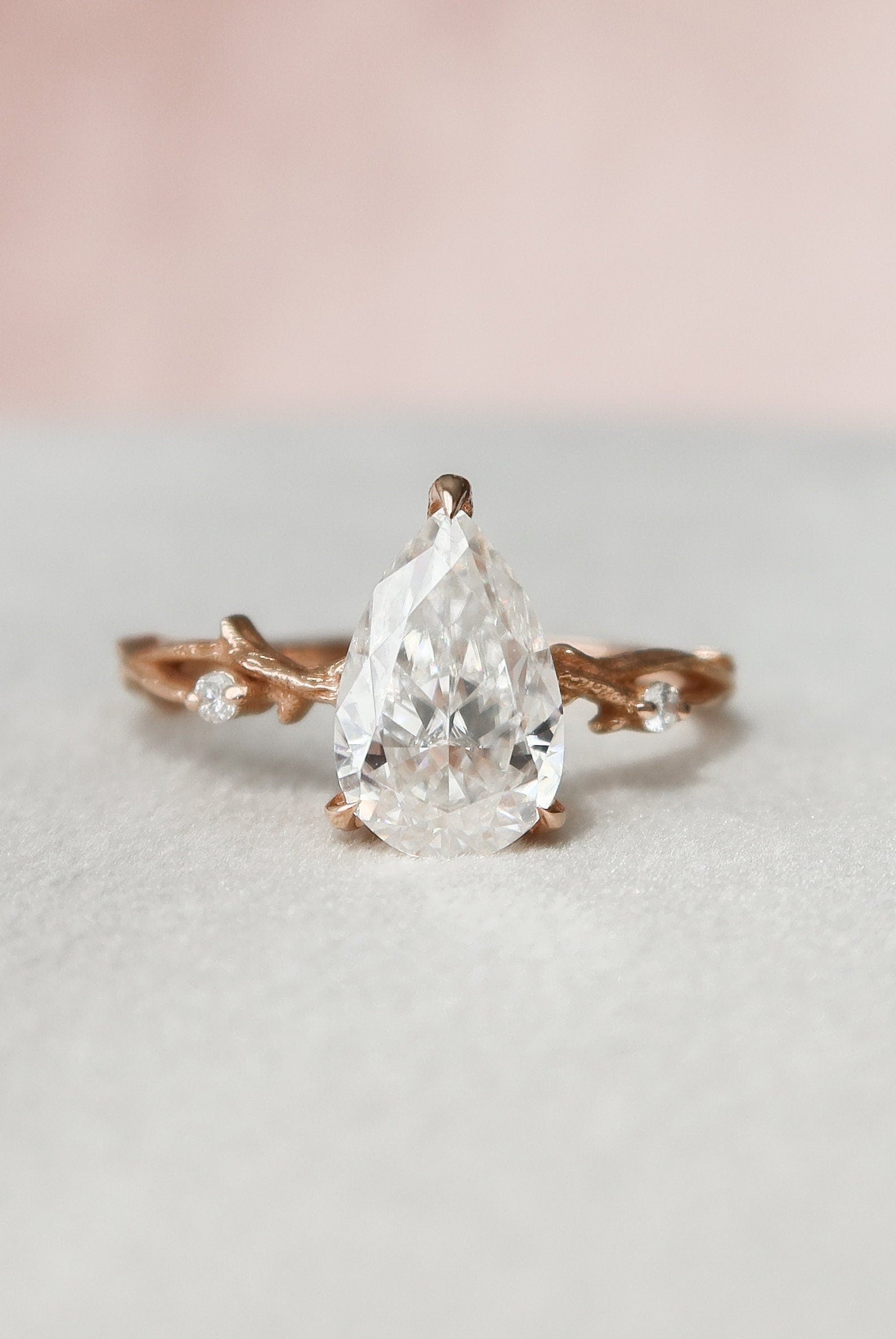 1.50CT Pear Twig Moissanite Diamond Engagement Ring In Solid Gold