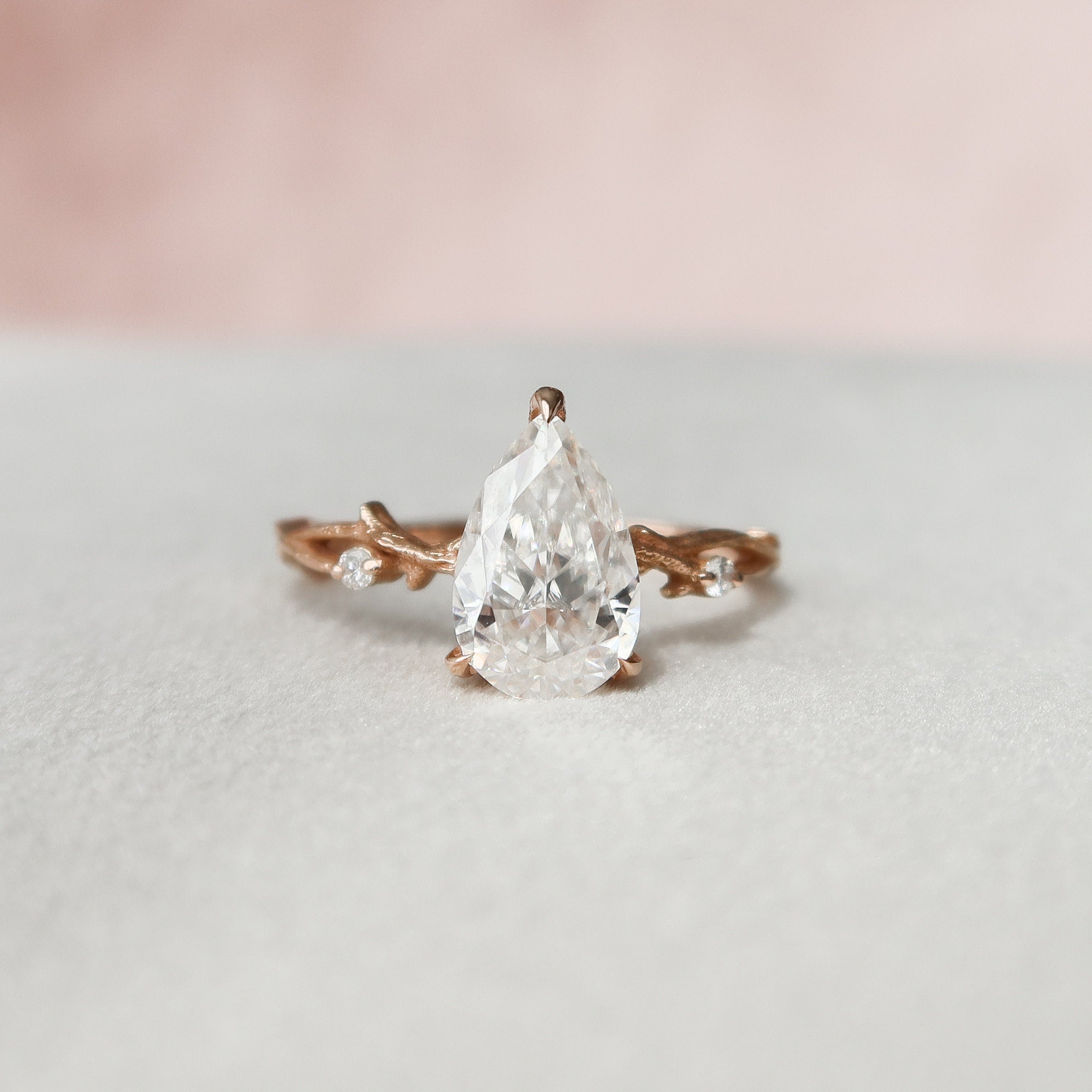 1.50CT Pear Twig Moissanite Diamond Engagement Ring In Solid Gold