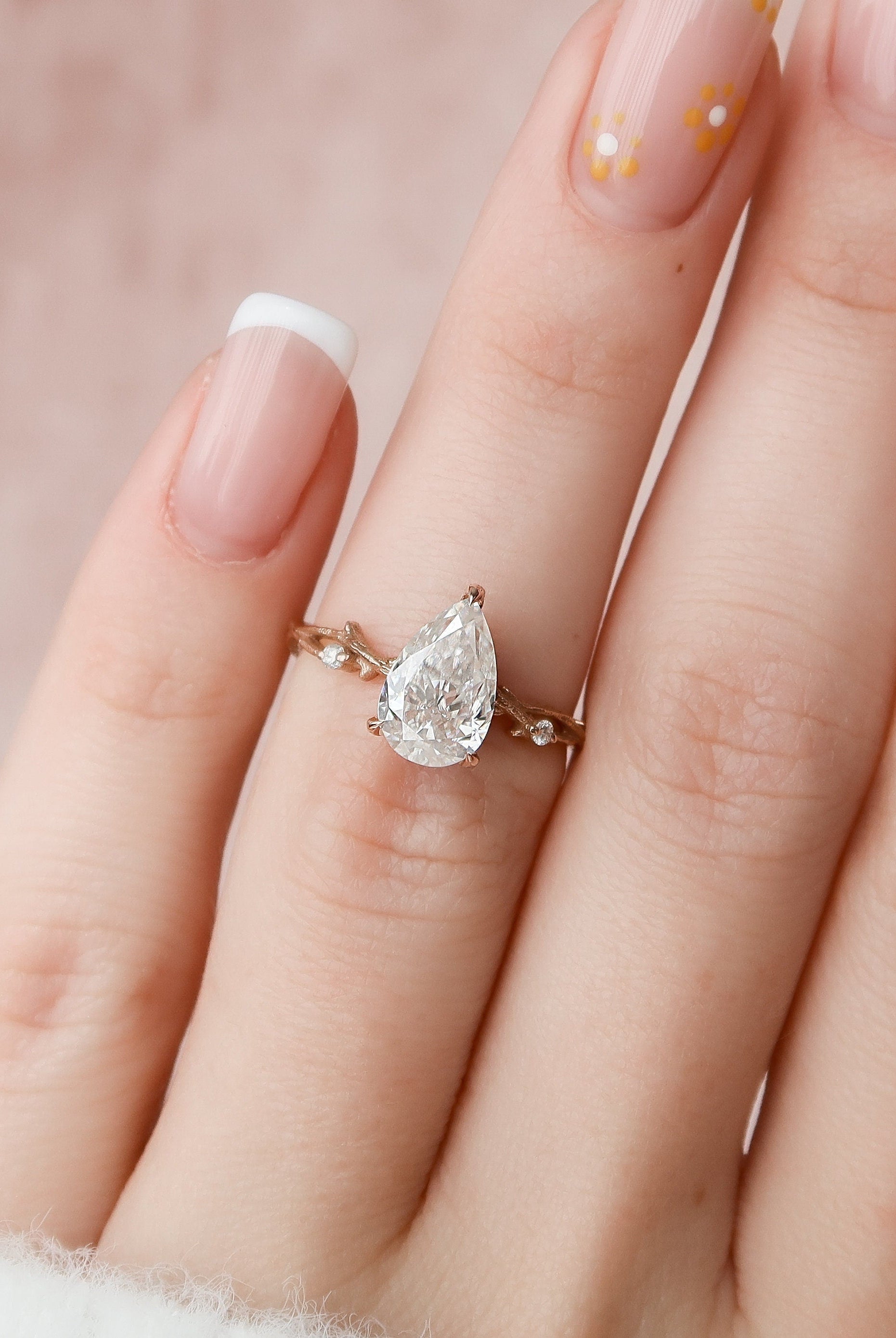 1.50CT Pear Twig Moissanite Diamond Engagement Ring In Solid Gold