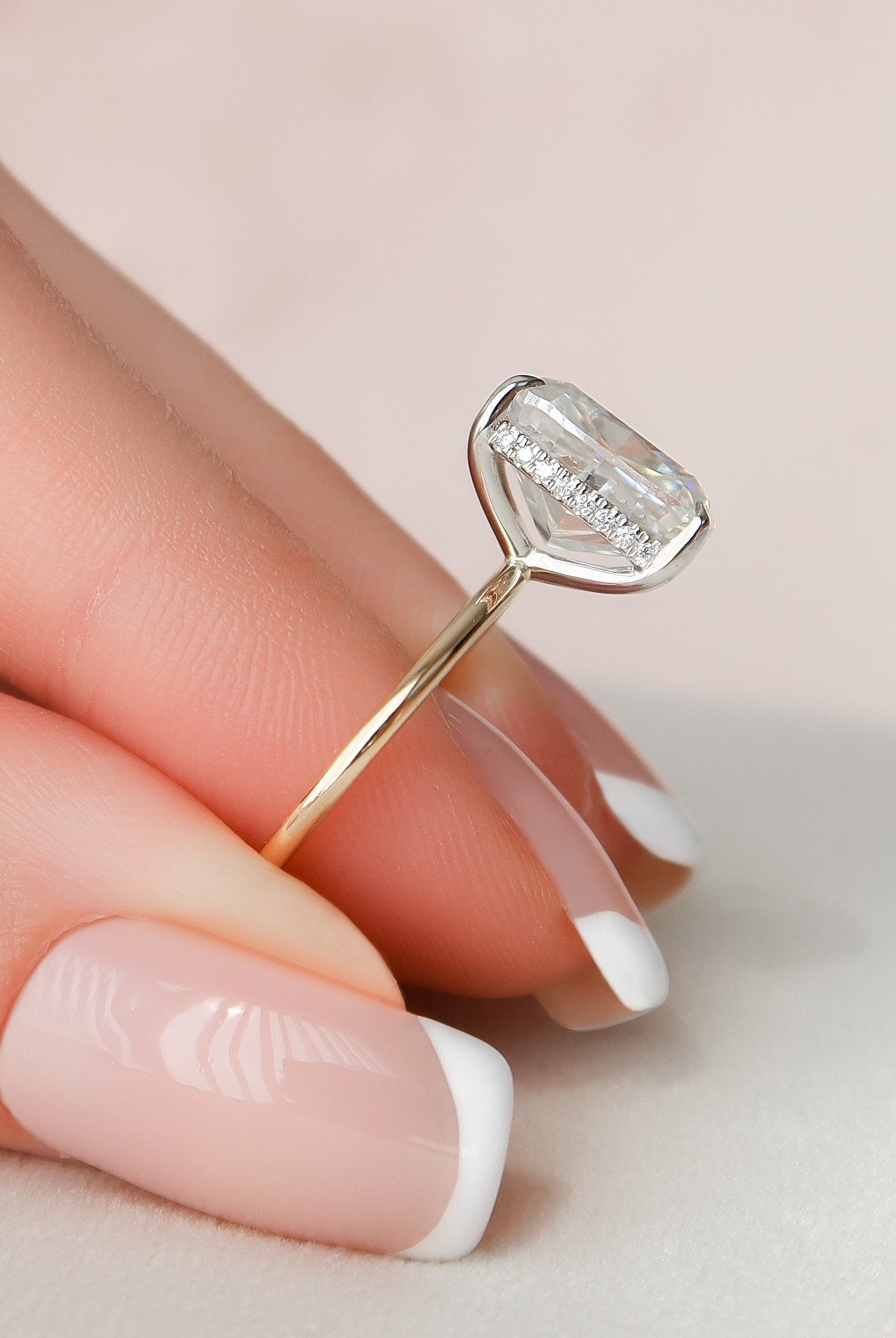 4.0CT Elongated Cushion Hidden Halo Moissanite Diamond Two Tone Engagement Ring
