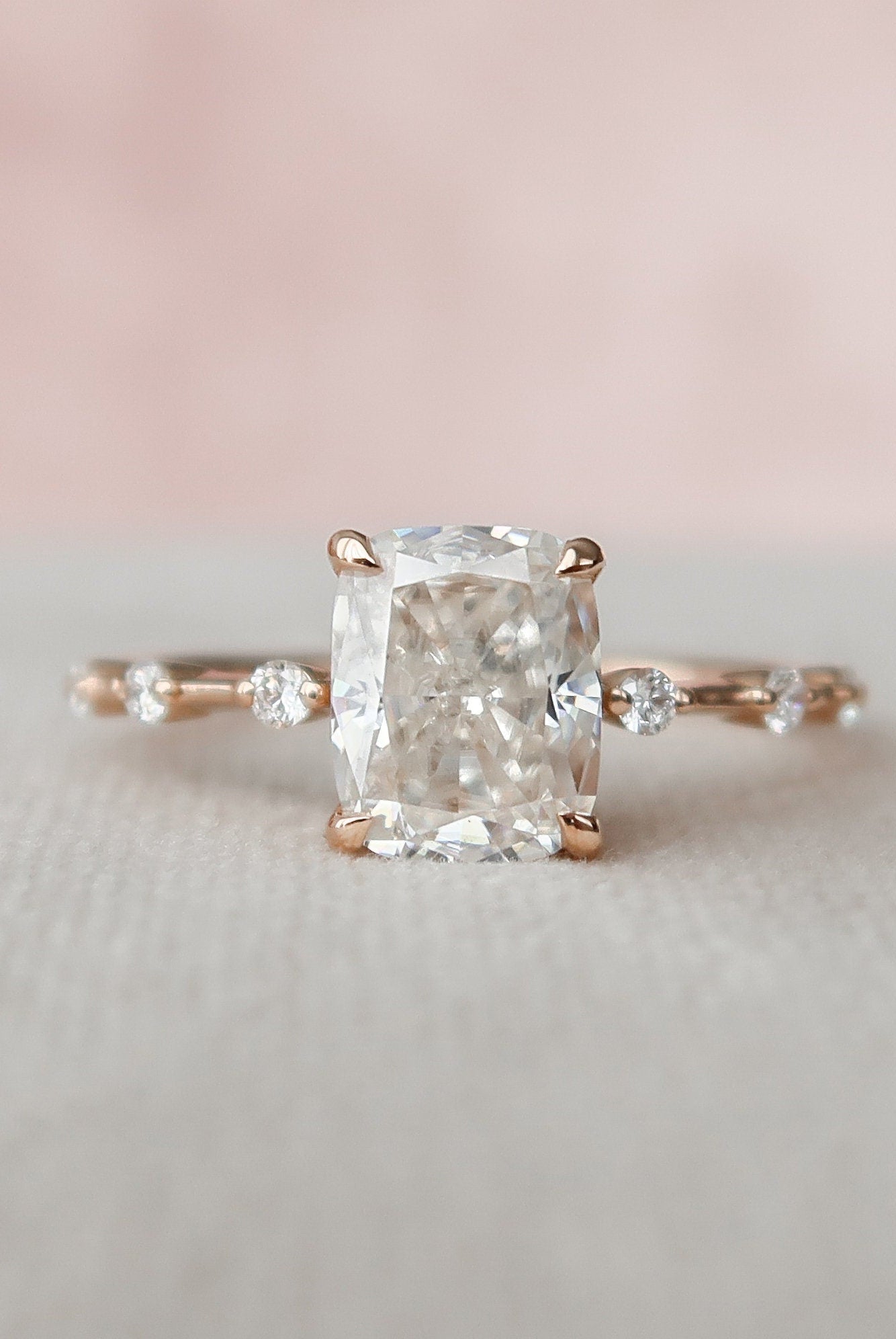2.0CT Elongated Cushion Moissanite Diamond Petite Pave Engagement Ring