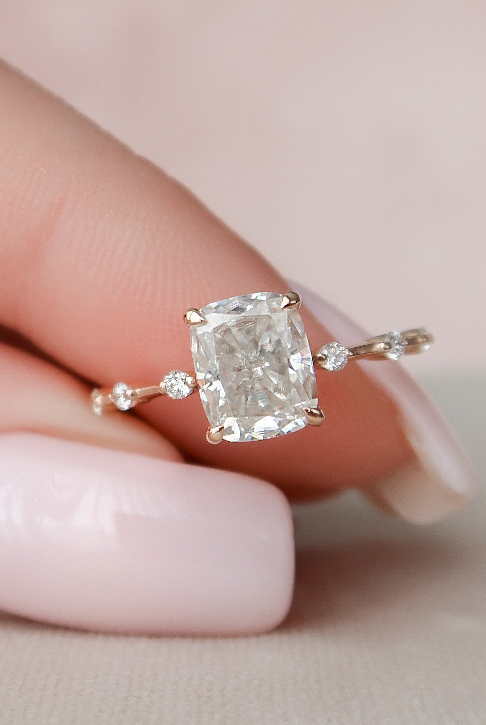 2.0CT Elongated Cushion Moissanite Diamond Petite Pave Engagement Ring