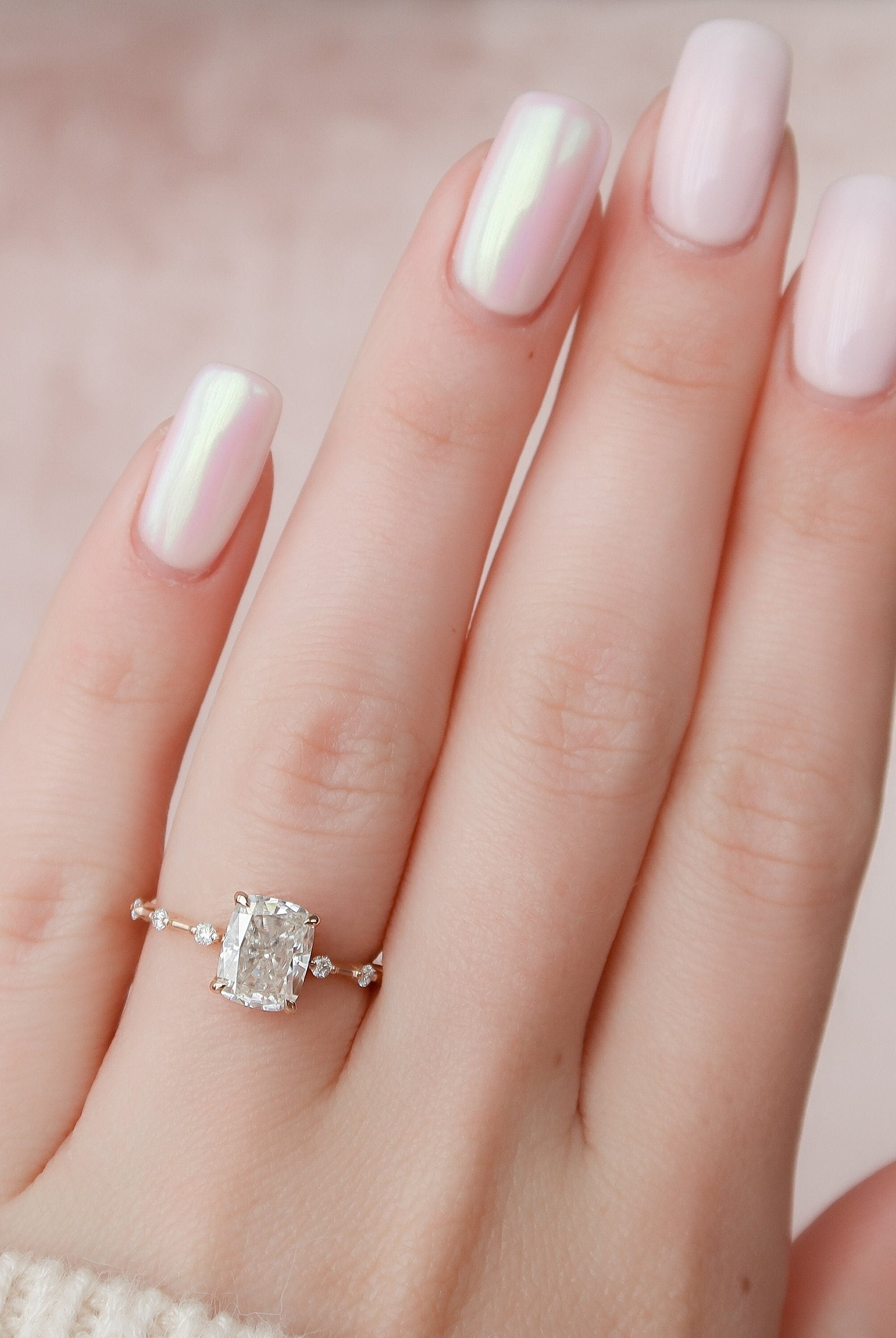 2.0CT Elongated Cushion Moissanite Diamond Petite Pave Engagement Ring