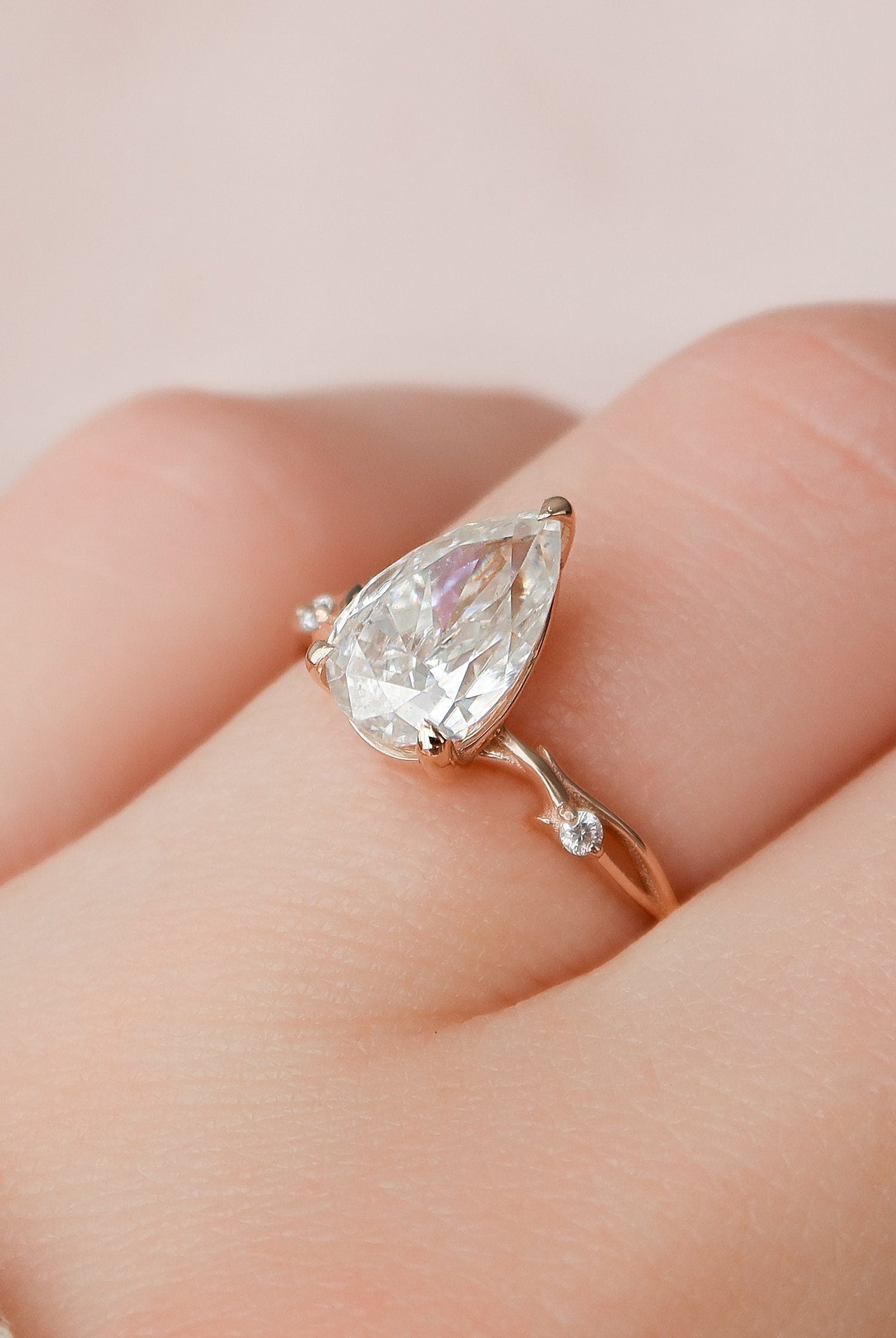 1.50CT Pear Twig Moissanite Diamond Engagement Ring In Solid Gold