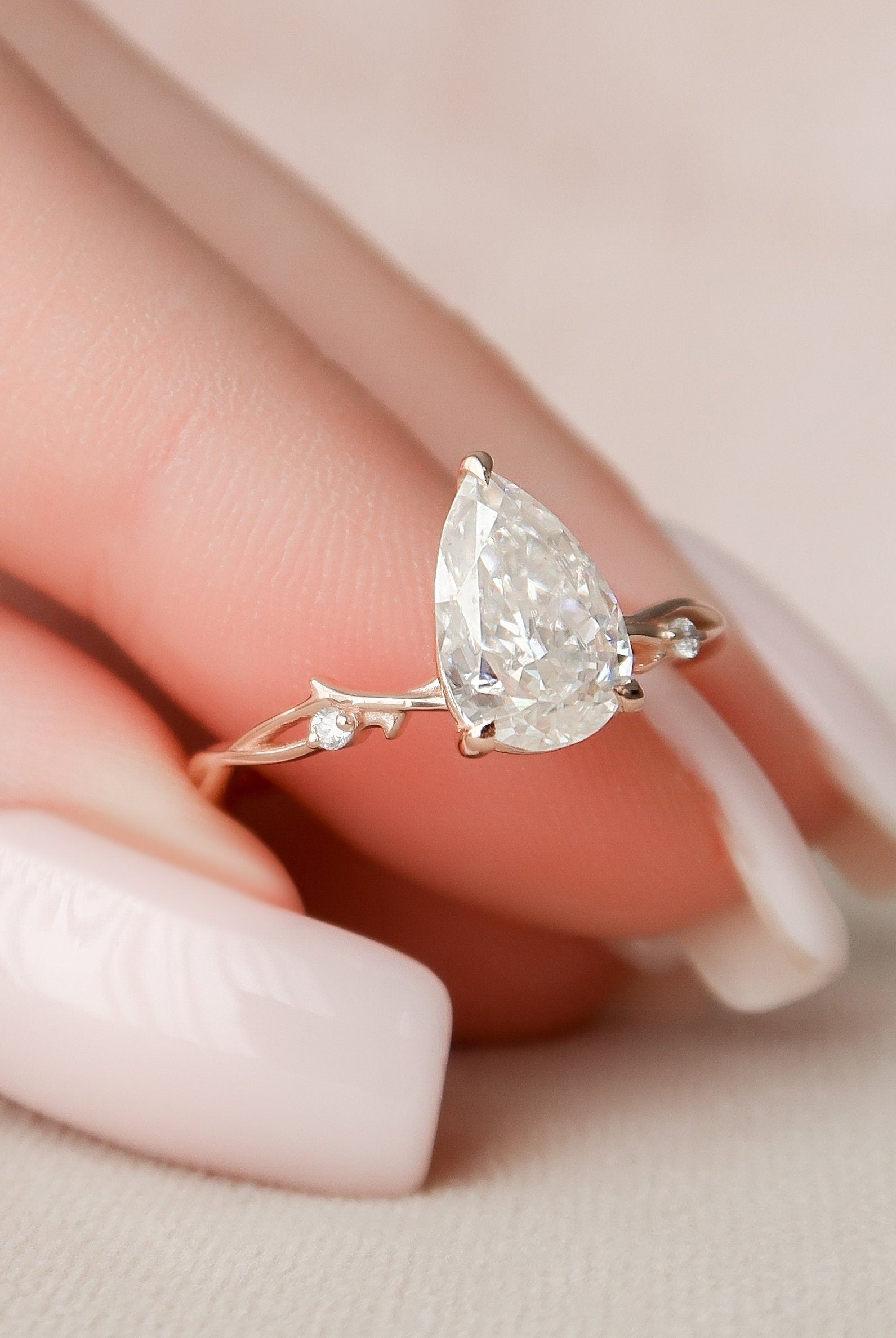 1.50CT Pear Twig Moissanite Diamond Engagement Ring In Solid Gold
