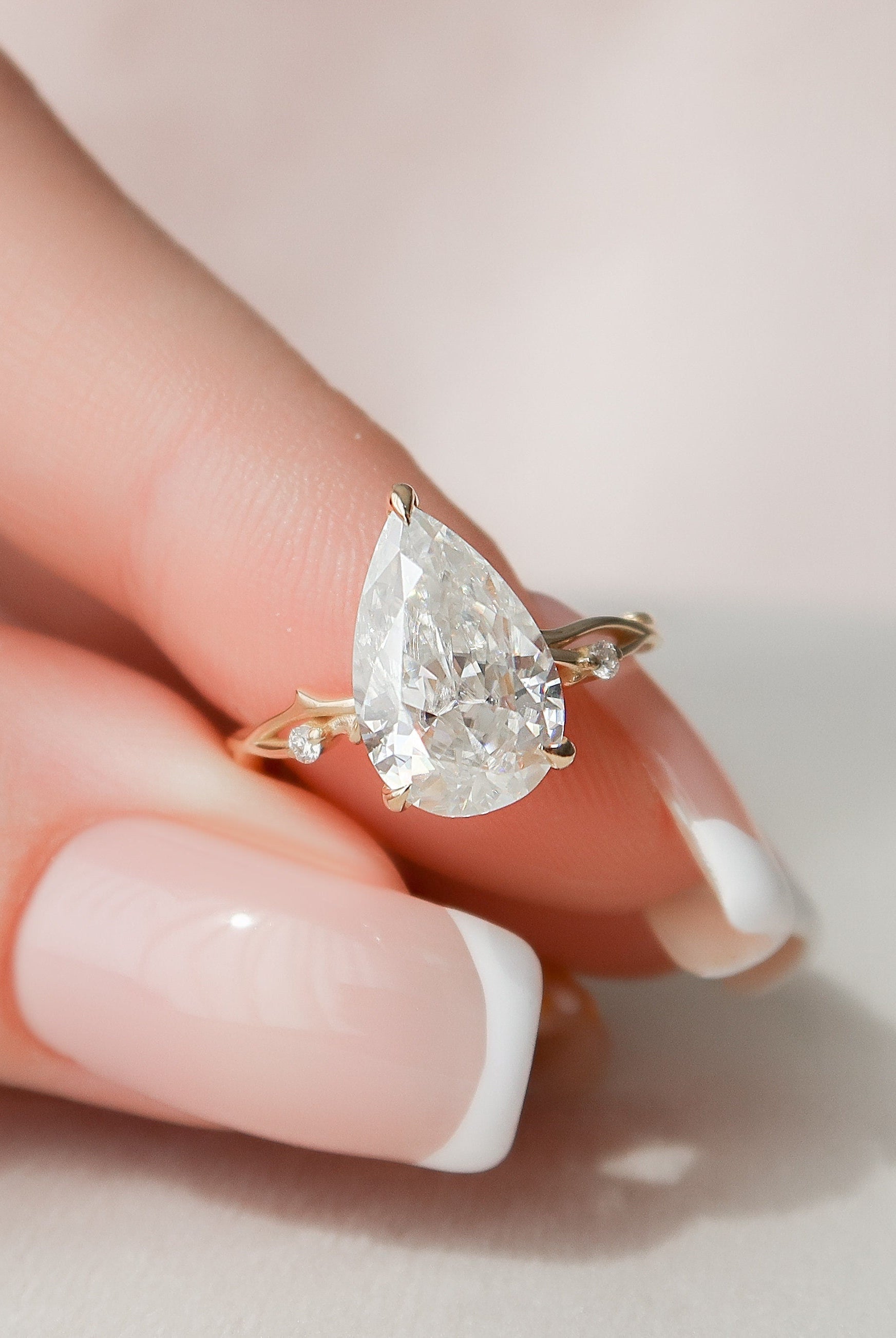 2.50CT Pear Twig Moissanite Diamond Three Prong Engagement Ring