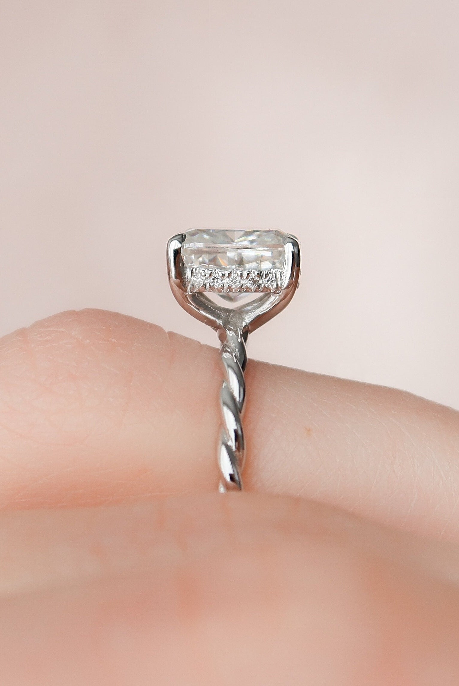 2.0CT Elongated Cushion Braided Moissanite Diamond Hidden Halo Engagement Ring