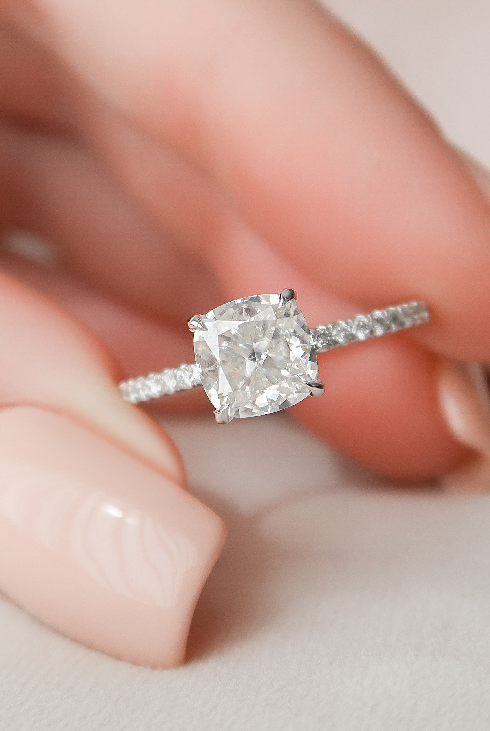 1.50CT Cushion Hidden Halo Moissanite Diamond Pave Engagement Ring In Solid Gold