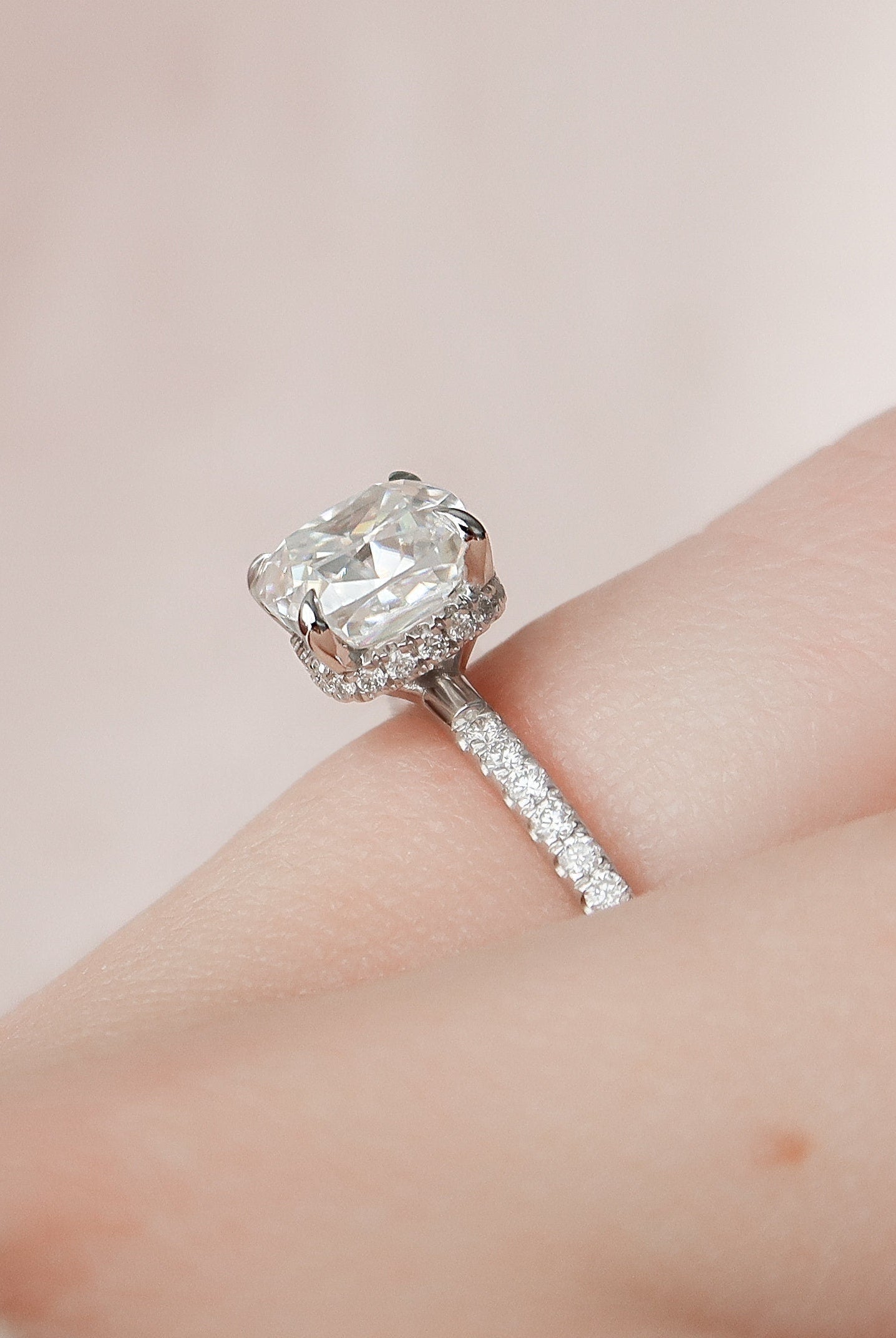 1.50CT Cushion Hidden Halo Moissanite Diamond Pave Engagement Ring In Solid Gold