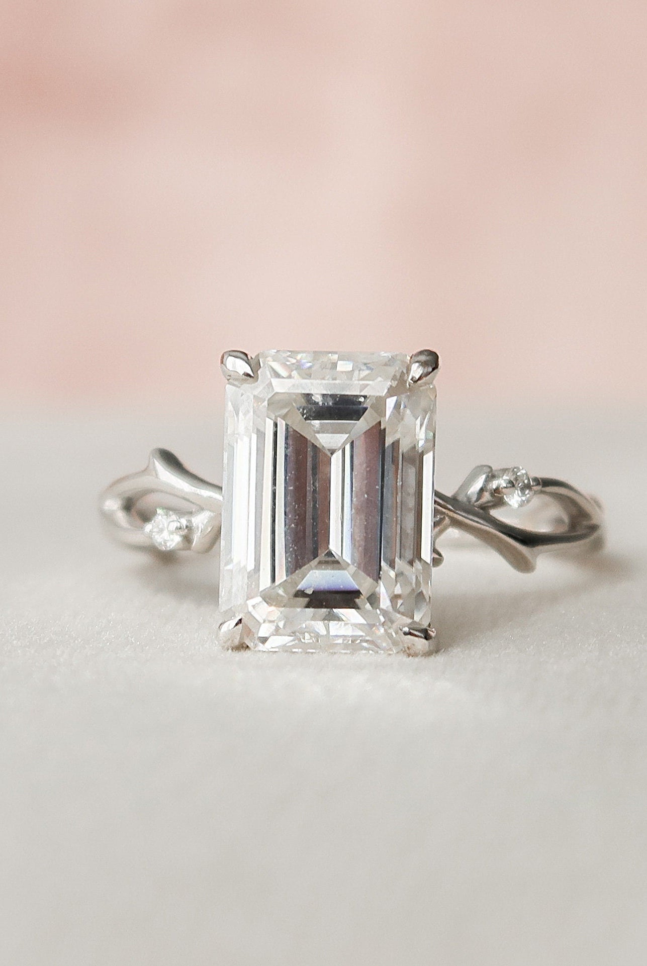 4.0CT Emerald Cut Twig Moissanite Diamond Engagement Ring For Women