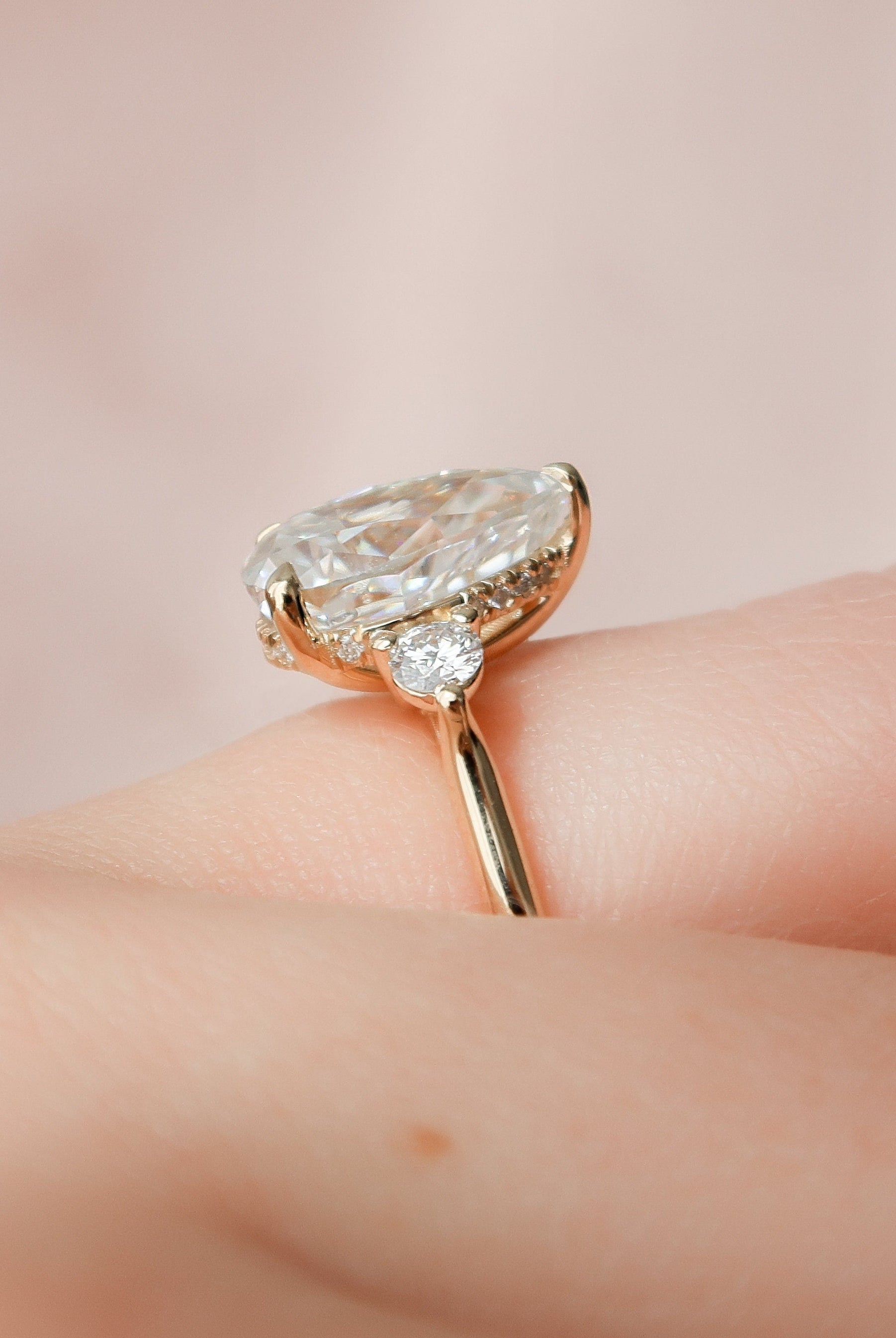 2.0CT Three Stone Pear Hidden Halo Moissanite Diamond Engagement Ring