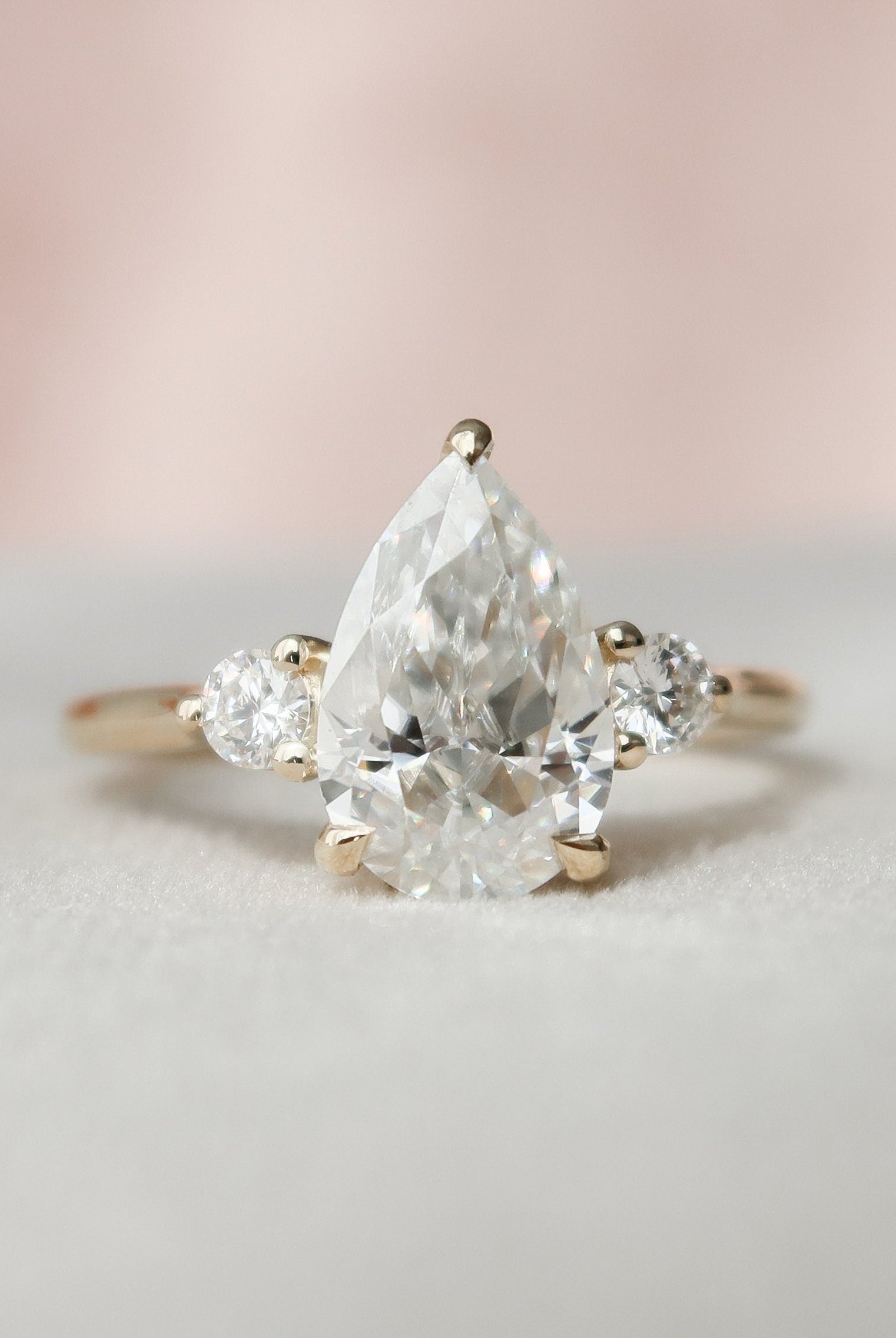 2.0CT Three Stone Pear Hidden Halo Moissanite Diamond Engagement Ring