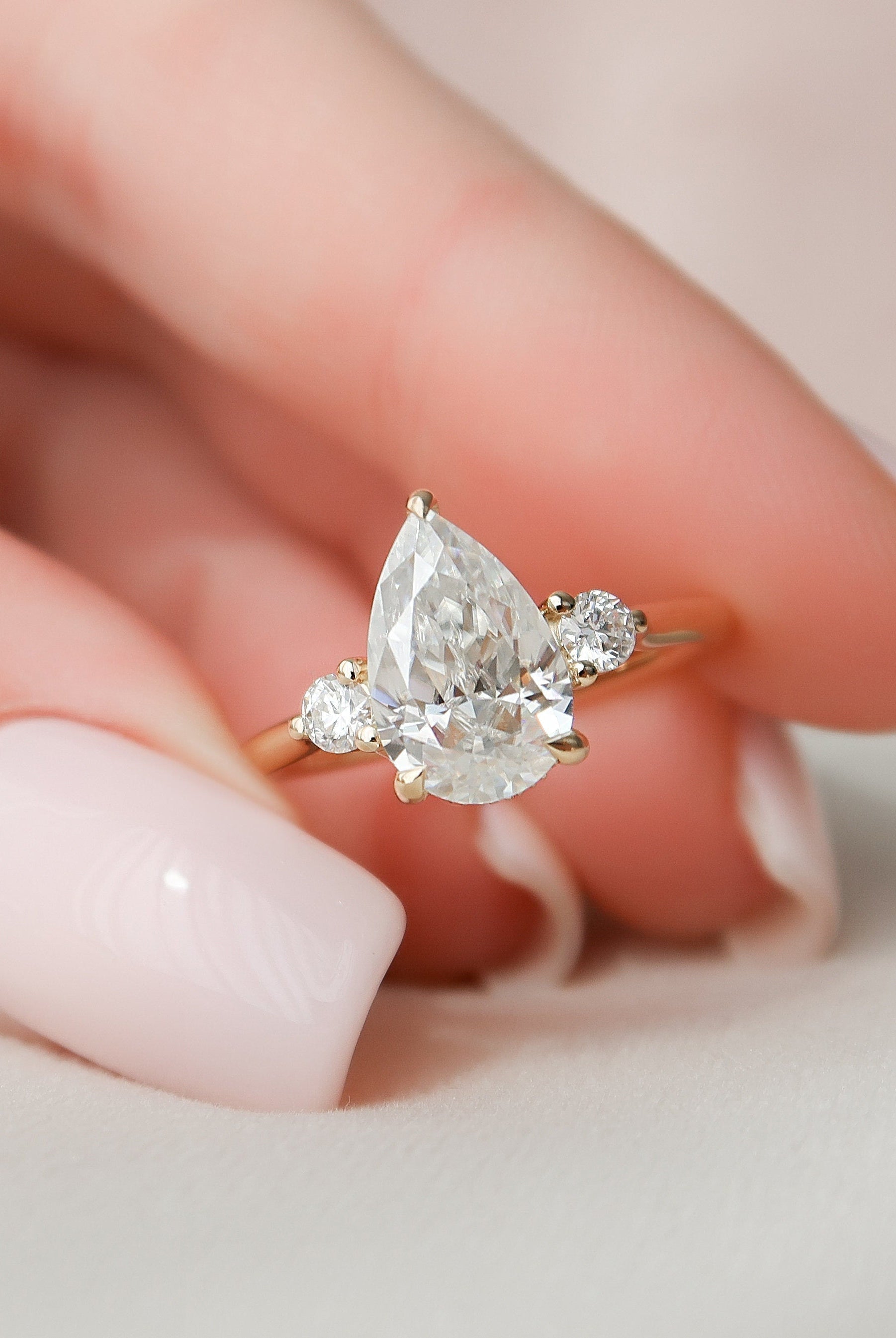 2.0CT Three Stone Pear Hidden Halo Moissanite Diamond Engagement Ring