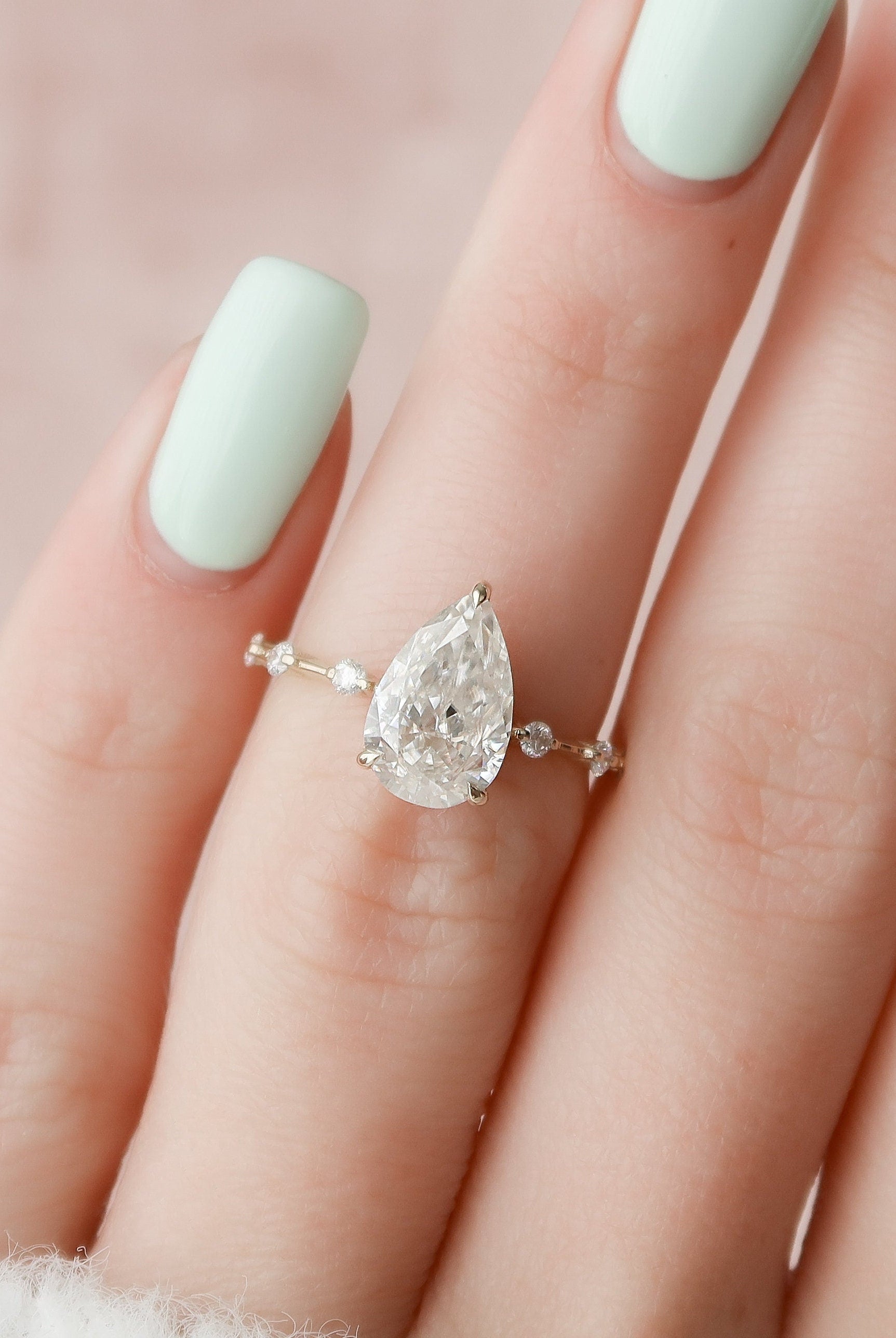2.0CT Pear Hidden Halo Moissanite Diamond Petite Pave Engagement Ring