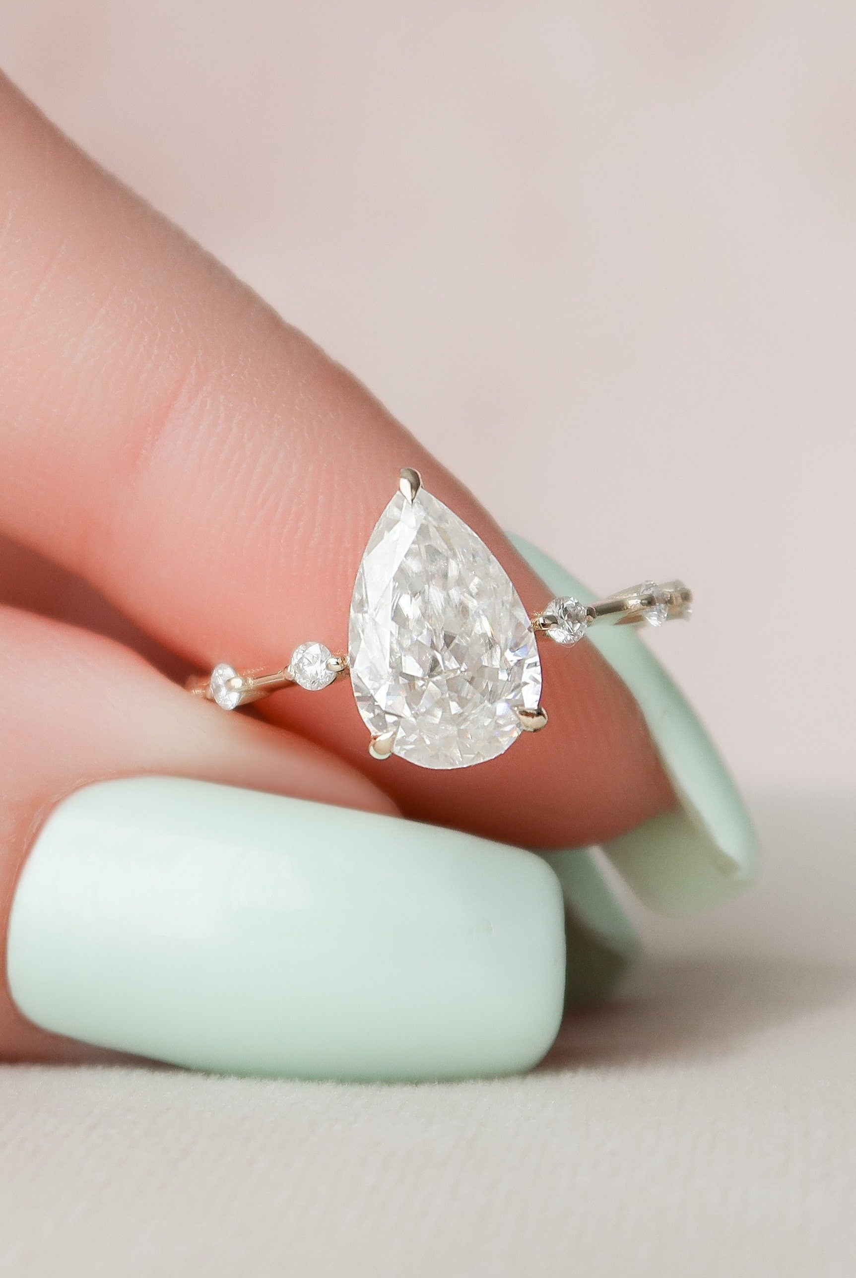 2.0CT Pear Hidden Halo Moissanite Diamond Petite Pave Engagement Ring
