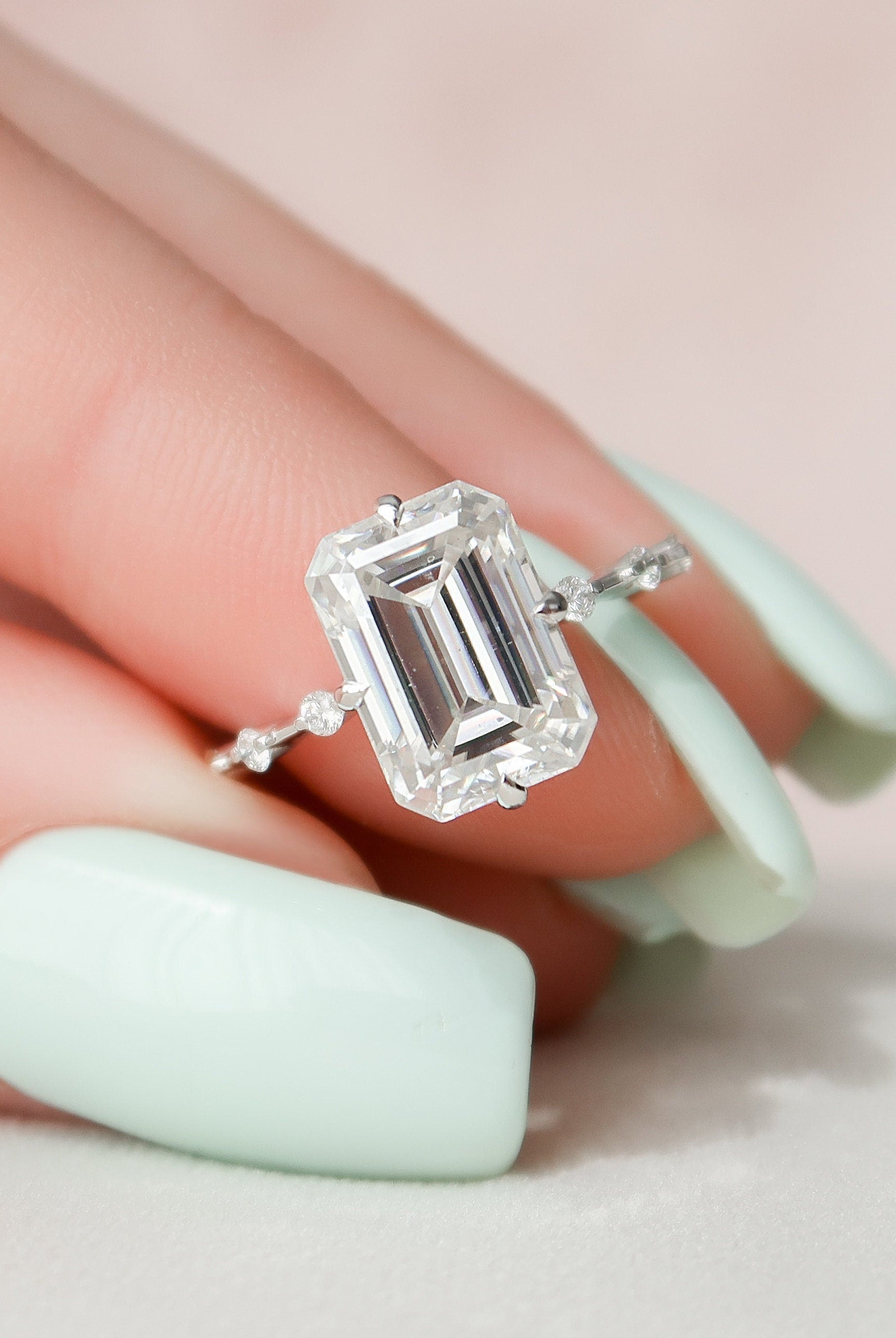 3.0CT Emerald Cut Petite Pave Moissanite Diamond Engagement Ring
