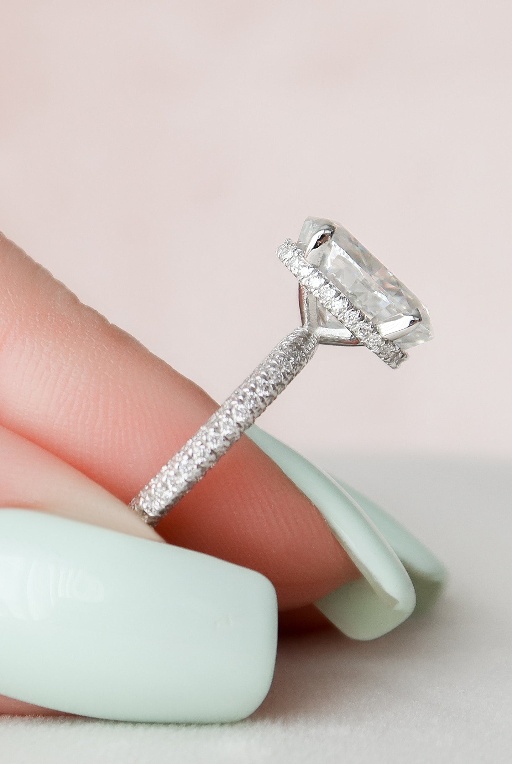 3.0CT Oval Hidden Halo Moissanite Diamond Three Sided Pave Engagement Ring