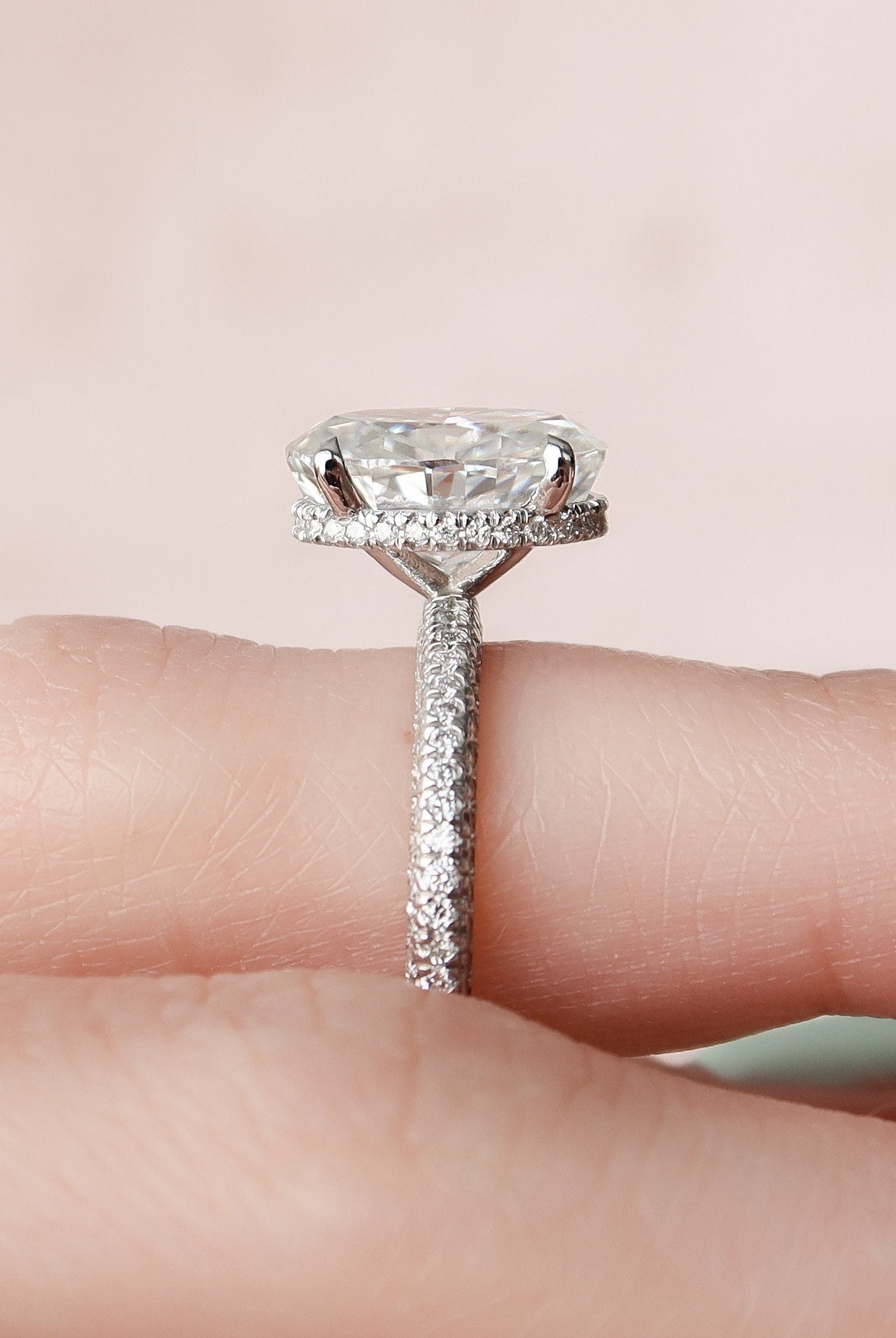 3.0CT Oval Hidden Halo Moissanite Diamond Three Sided Pave Engagement Ring