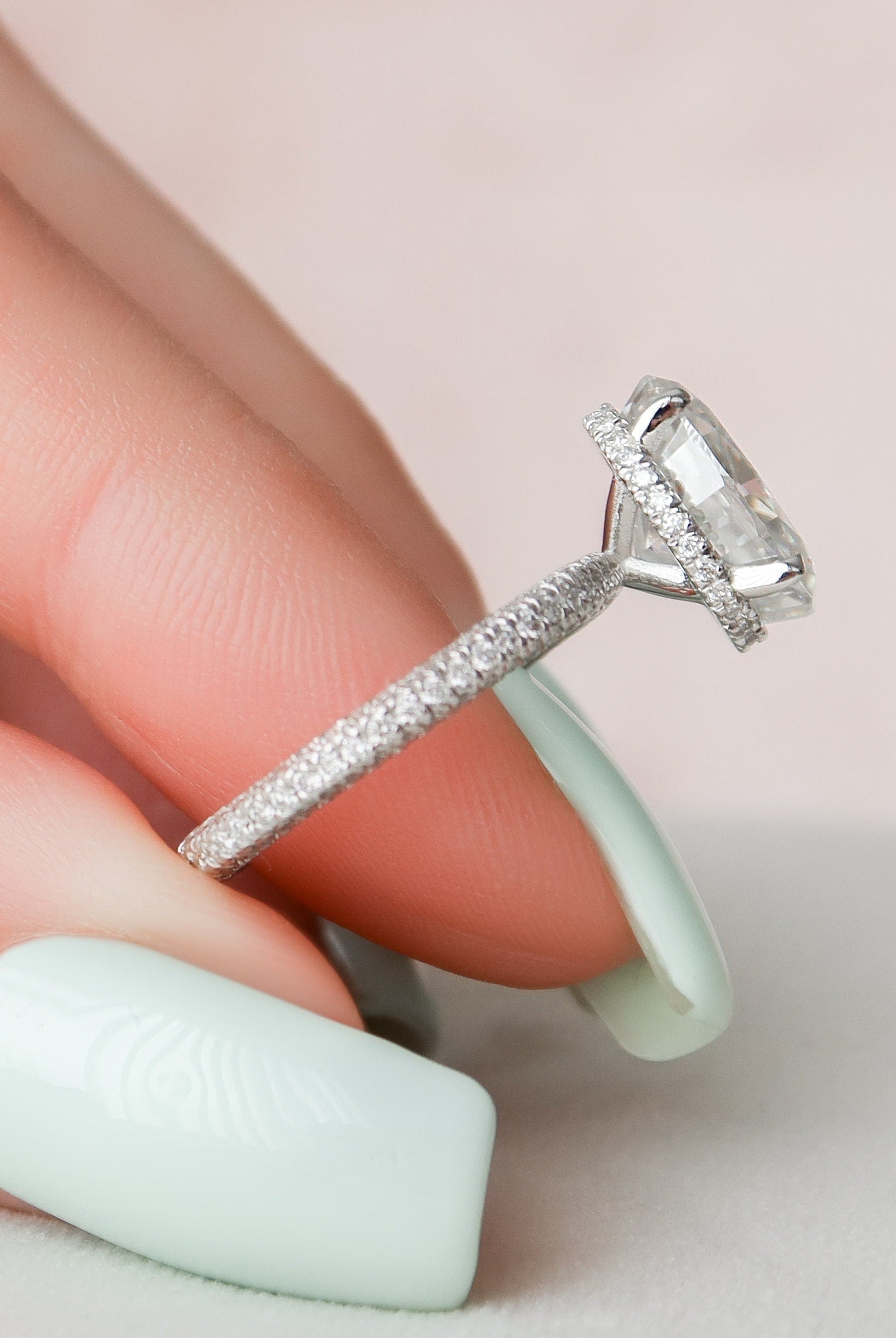 3.0CT Oval Hidden Halo Moissanite Diamond Three Sided Pave Engagement Ring