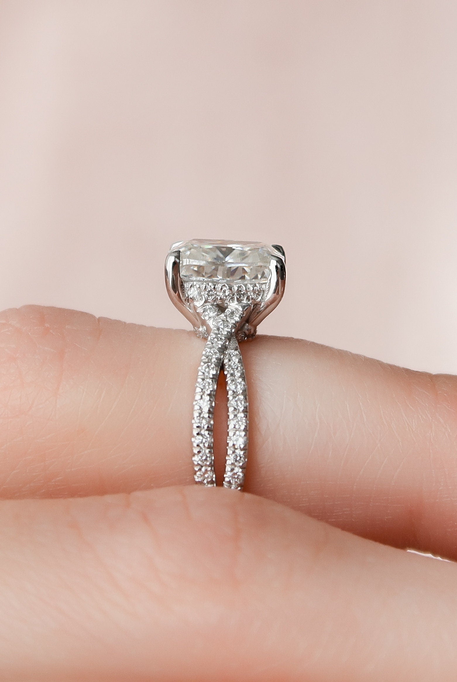 2.0CT Elongated Cushion Split Shank Moissanite Diamond Hidden Halo Engagement Ring