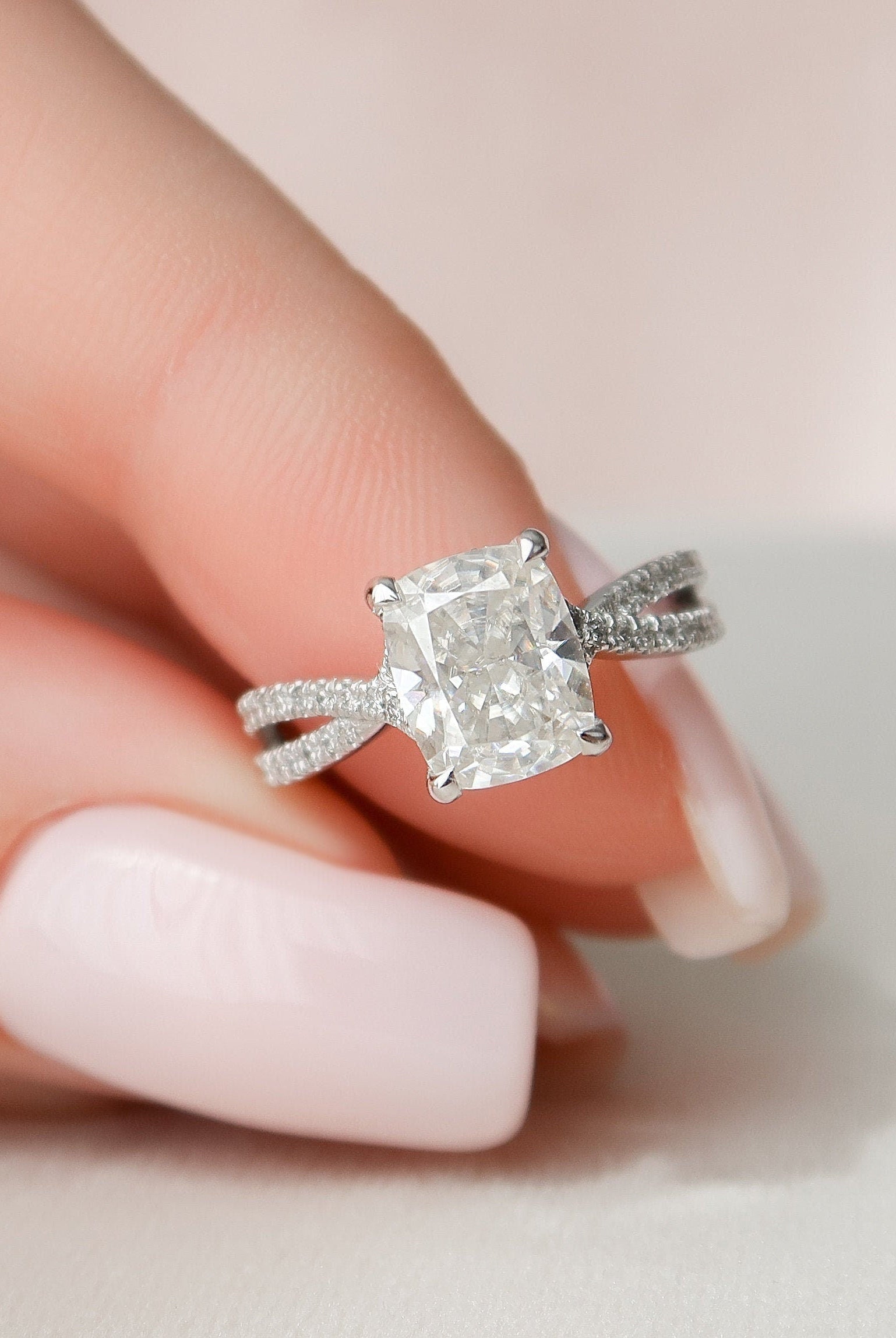 2.0CT Elongated Cushion Split Shank Moissanite Diamond Hidden Halo Engagement Ring