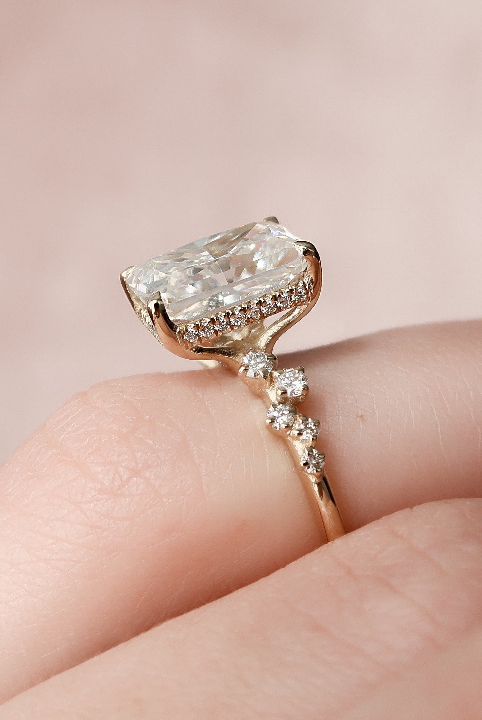 3.50CT Radiant Zig Zag Pave Moissanite Diamond Hidden Halo Engagement Ring