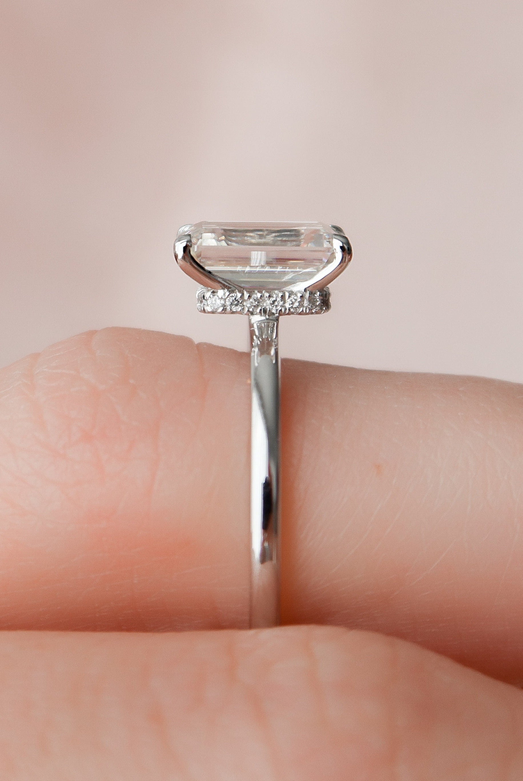 2.0CT Emerald Cut Hidden Halo Moissanite Diamond Four Prong Engagement Ring