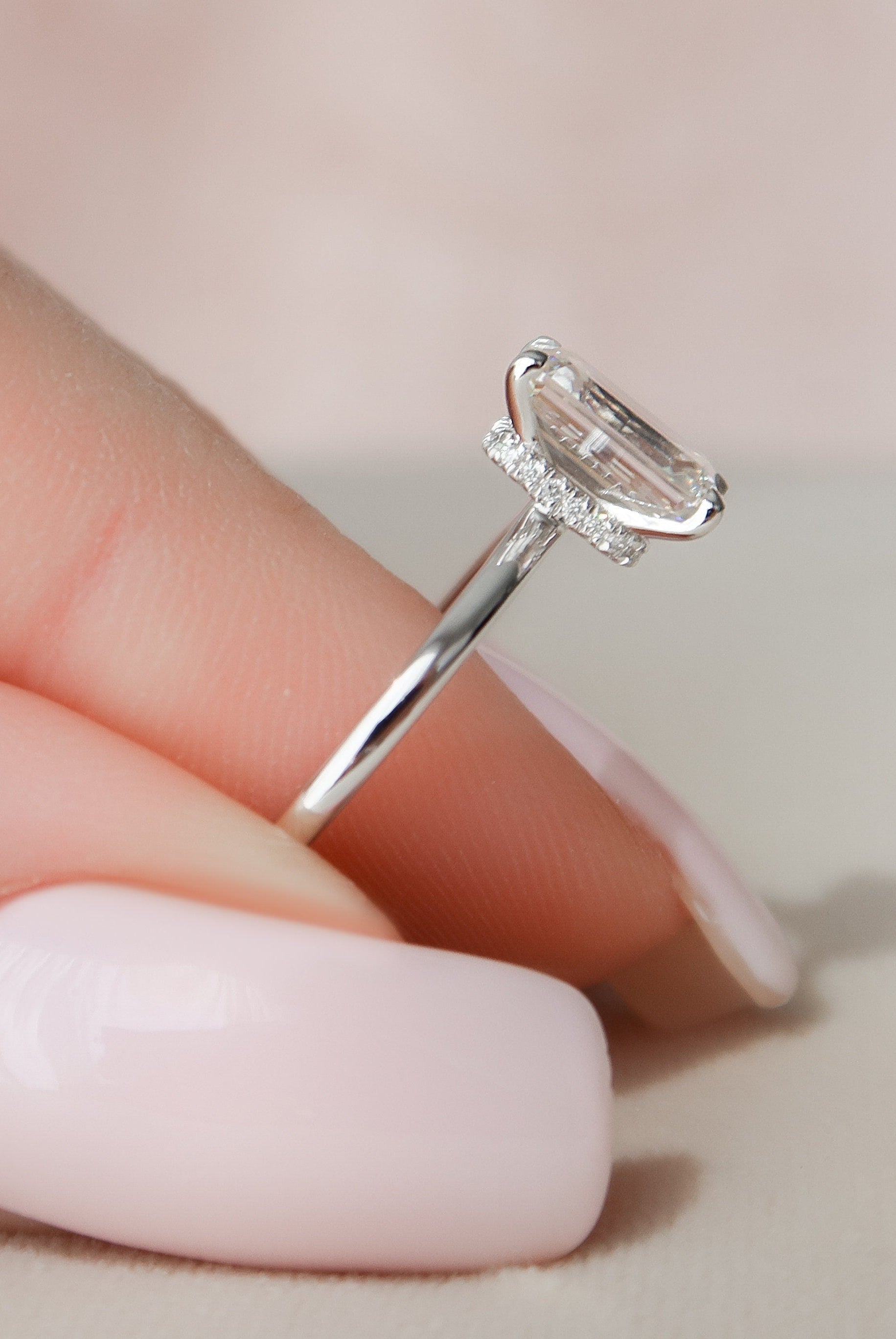 2.0CT Emerald Cut Hidden Halo Moissanite Diamond Four Prong Engagement Ring