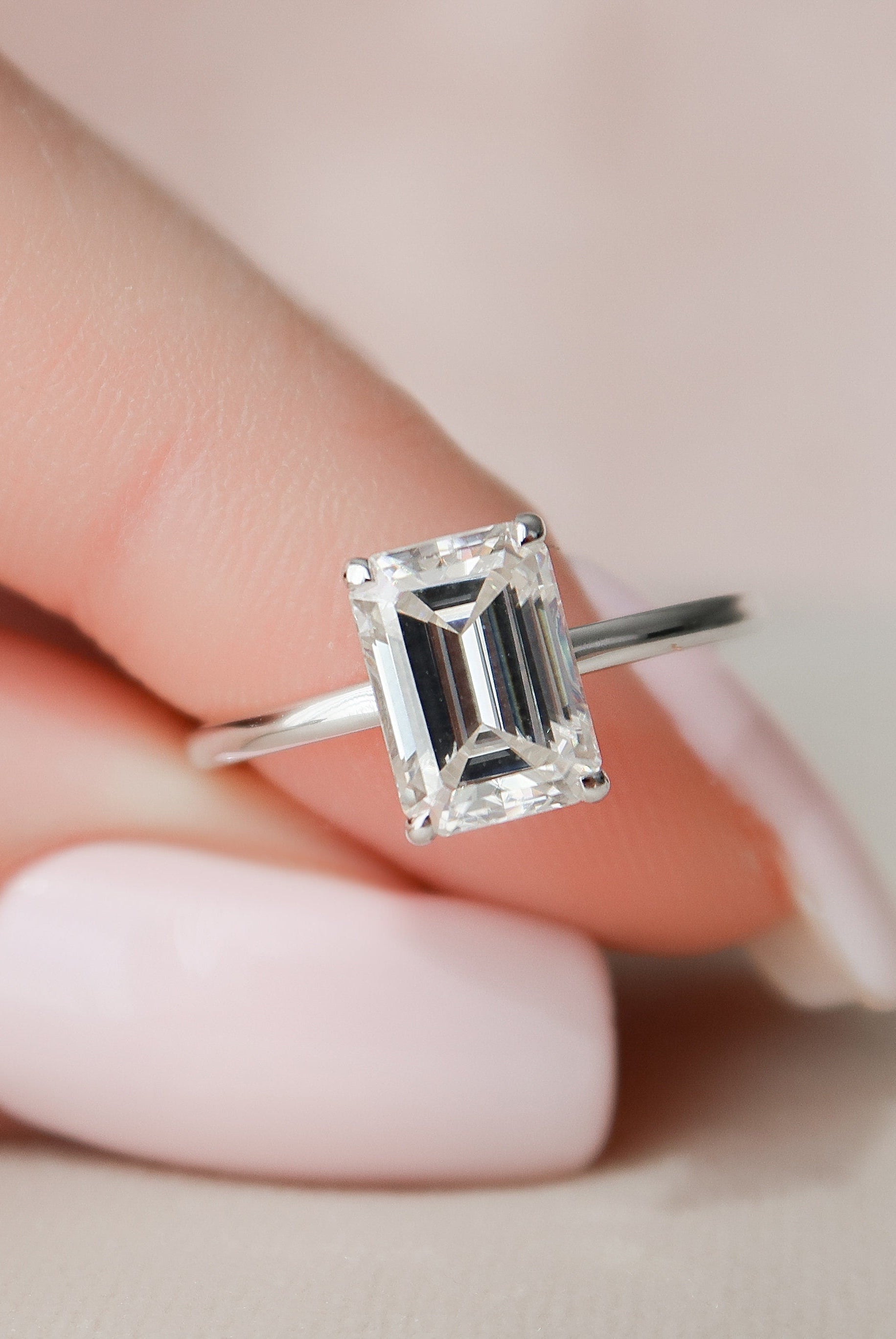 2.0CT Emerald Cut Hidden Halo Moissanite Diamond Four Prong Engagement Ring