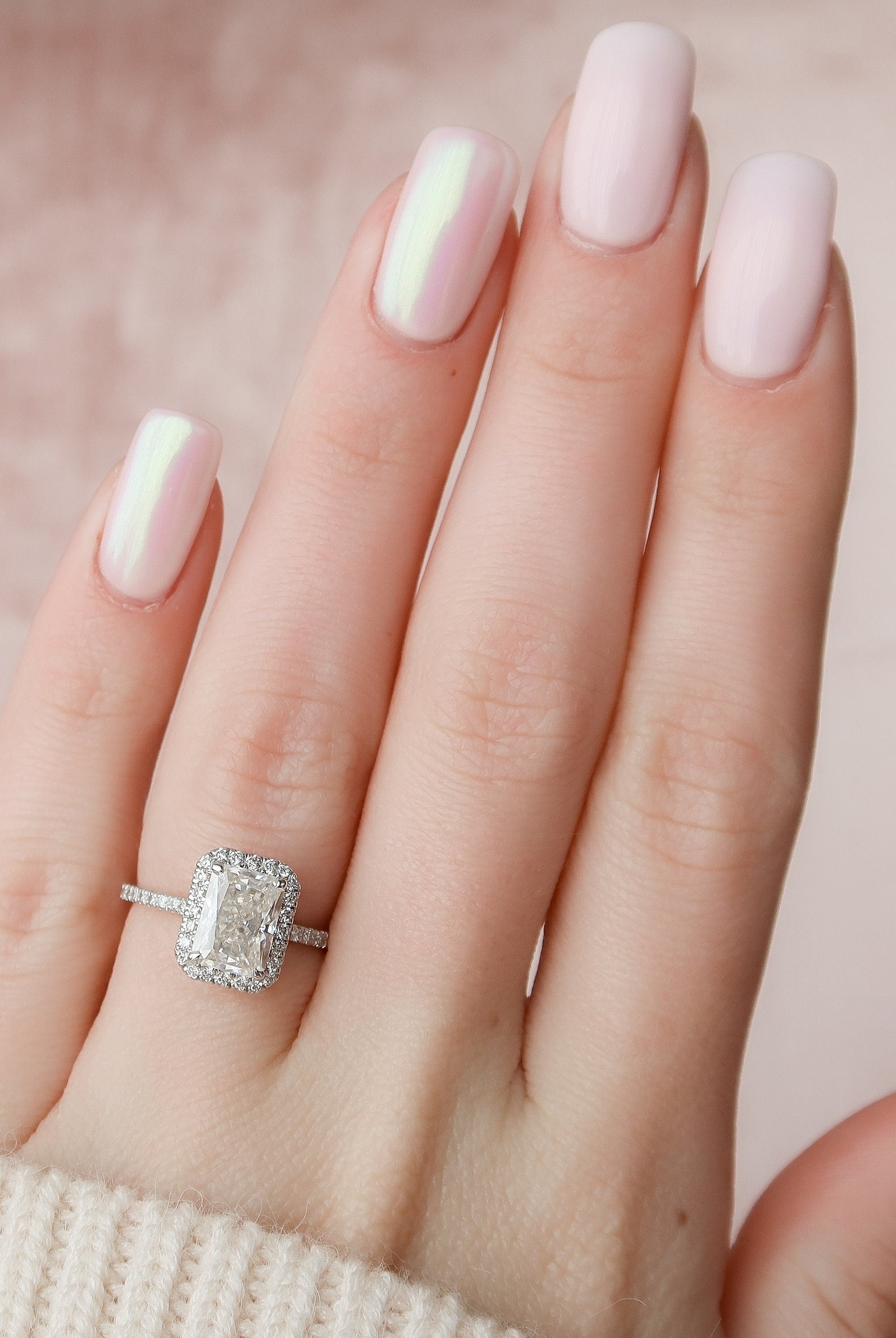 2.0CT Radiant Halo Moissanite Diamond Pave Engagement Ring