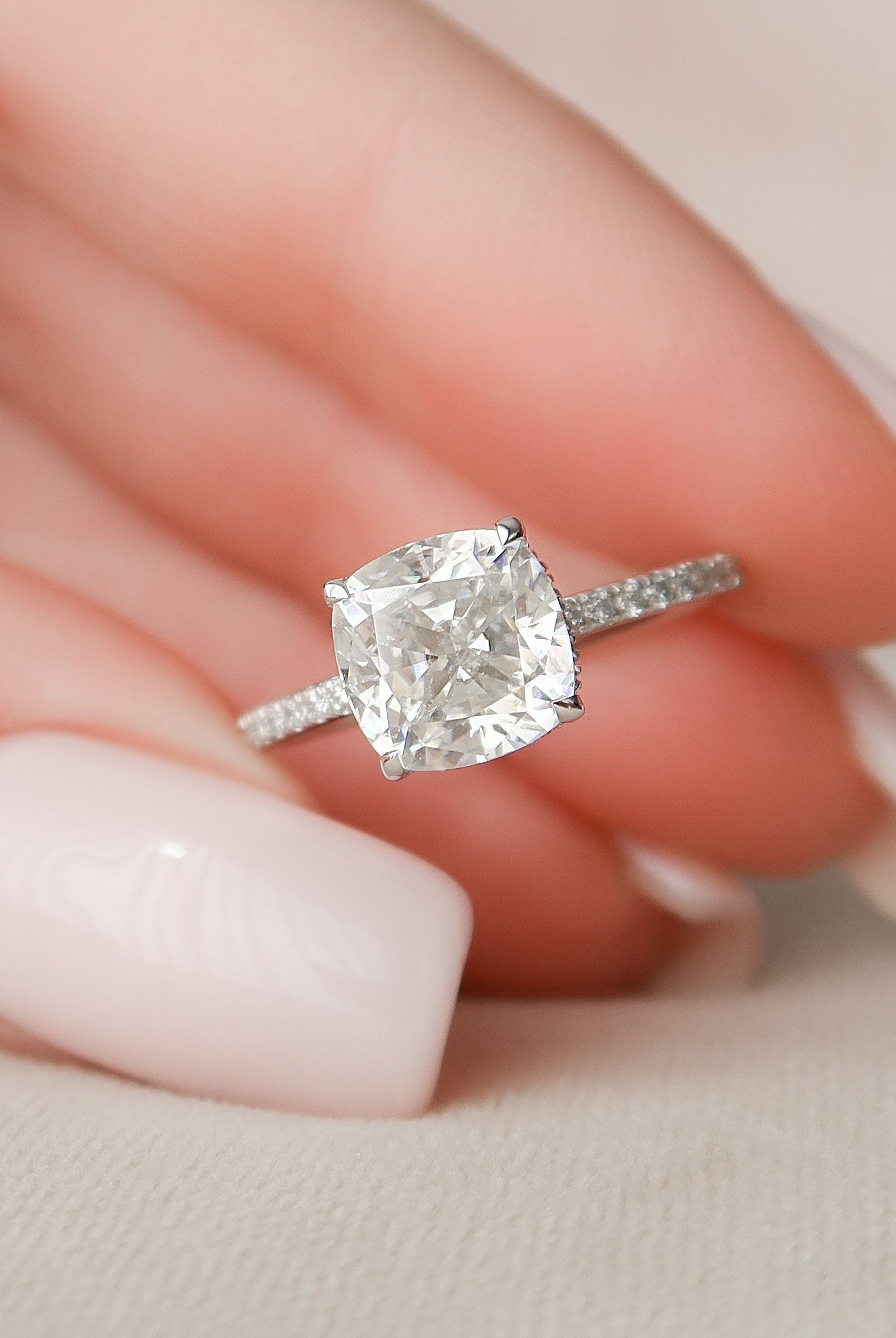 2.50CT Cushion Hidden Halo Moissanite Diamond Pave Engagement Ring