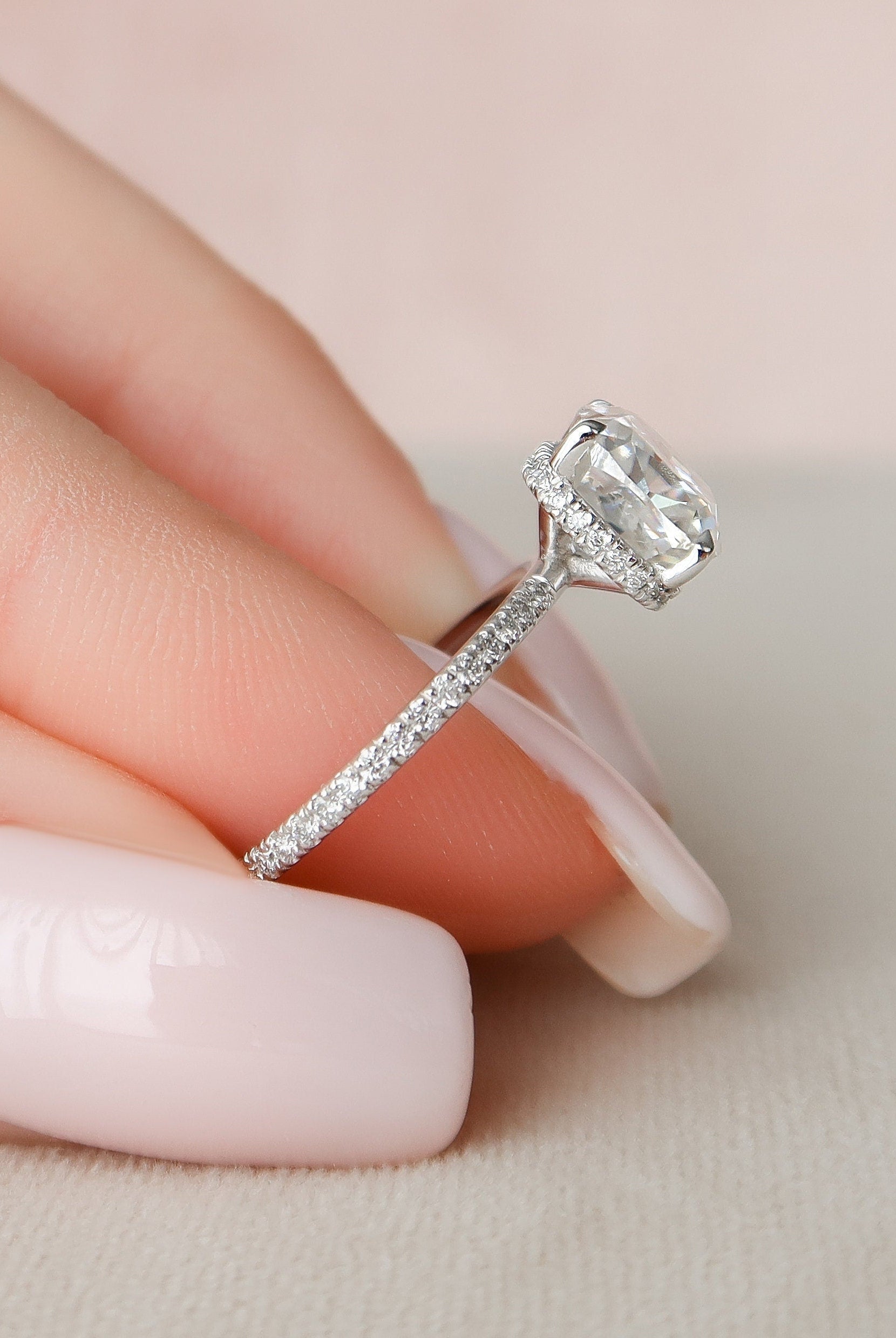 2.50CT Cushion Hidden Halo Moissanite Diamond Pave Engagement Ring