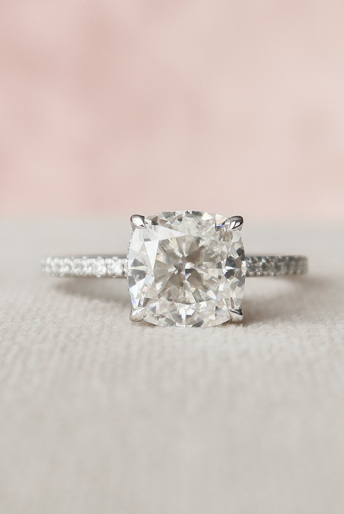 2.50CT Cushion Hidden Halo Moissanite Diamond Pave Engagement Ring