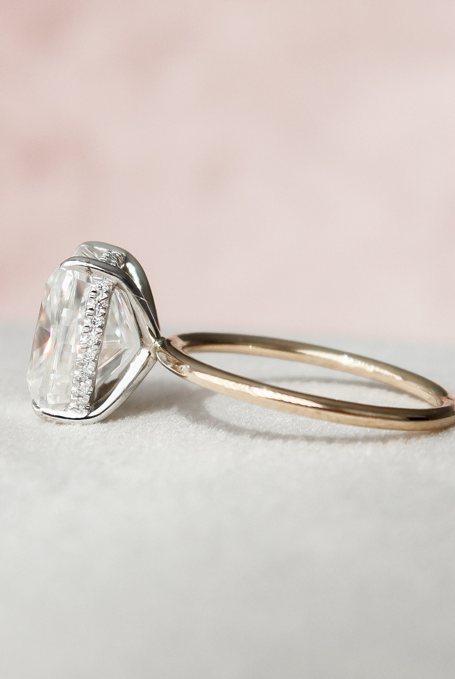4.0CT Elongated Cushion Hidden Halo Moissanite Diamond Two Tone Engagement Ring
