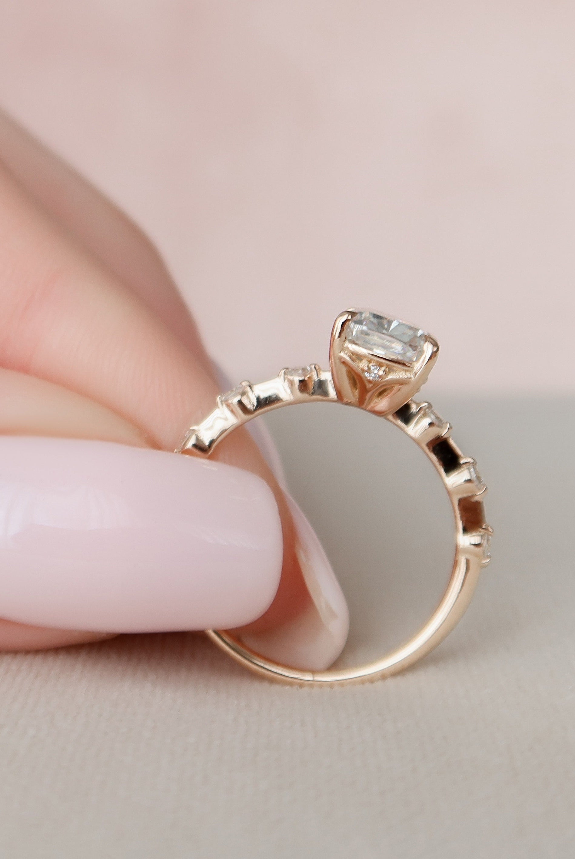 2.0CT Elongated Cushion Moissanite Diamond Petite Pave Engagement Ring