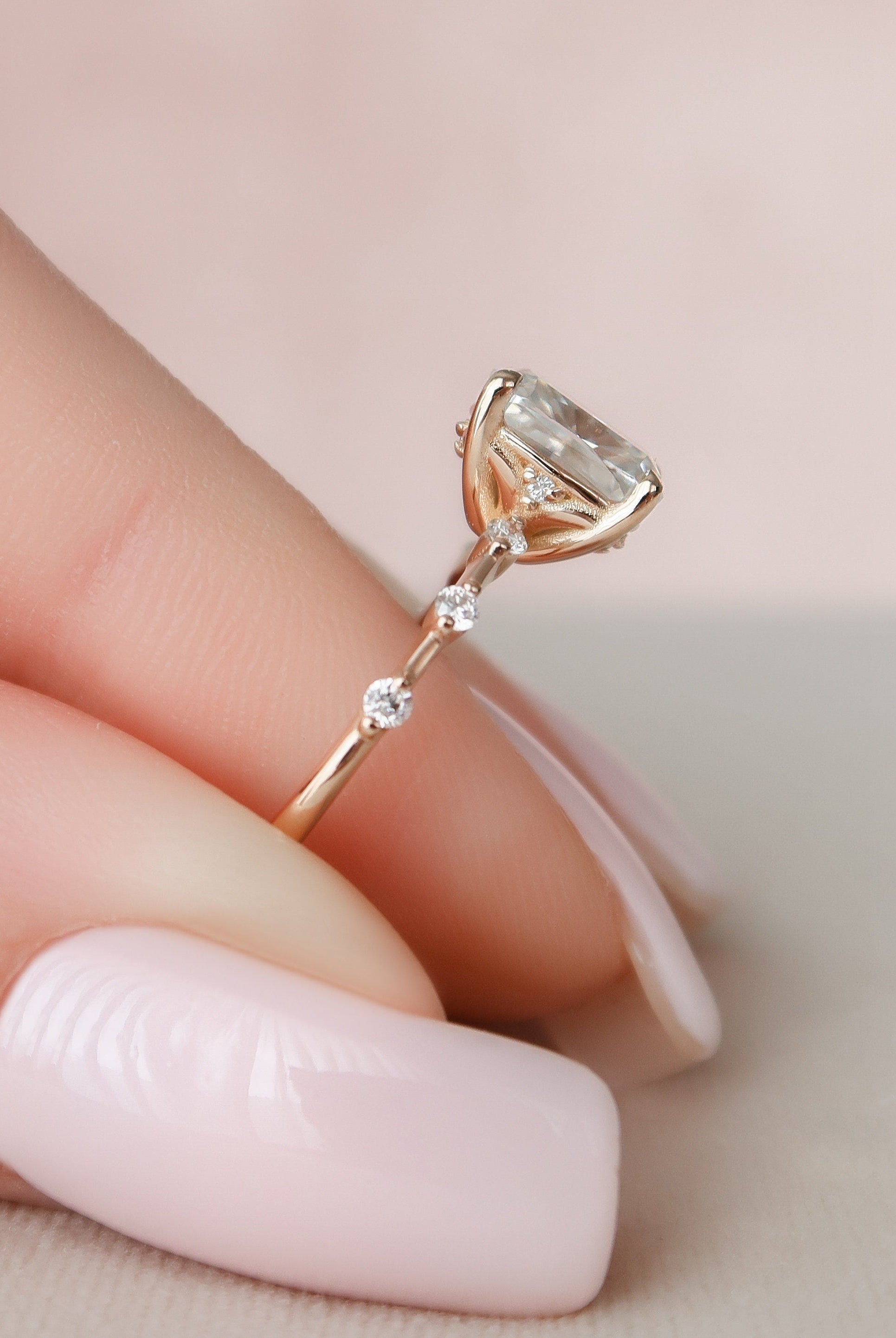 2.0CT Elongated Cushion Moissanite Diamond Petite Pave Engagement Ring